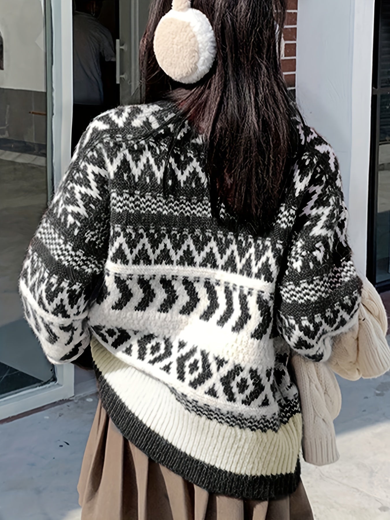 Sixsr Geo Pattern Crew Neck Pullover Sweater, Casual Long Sleeve Loose Thick Sweater, Women's Clothing