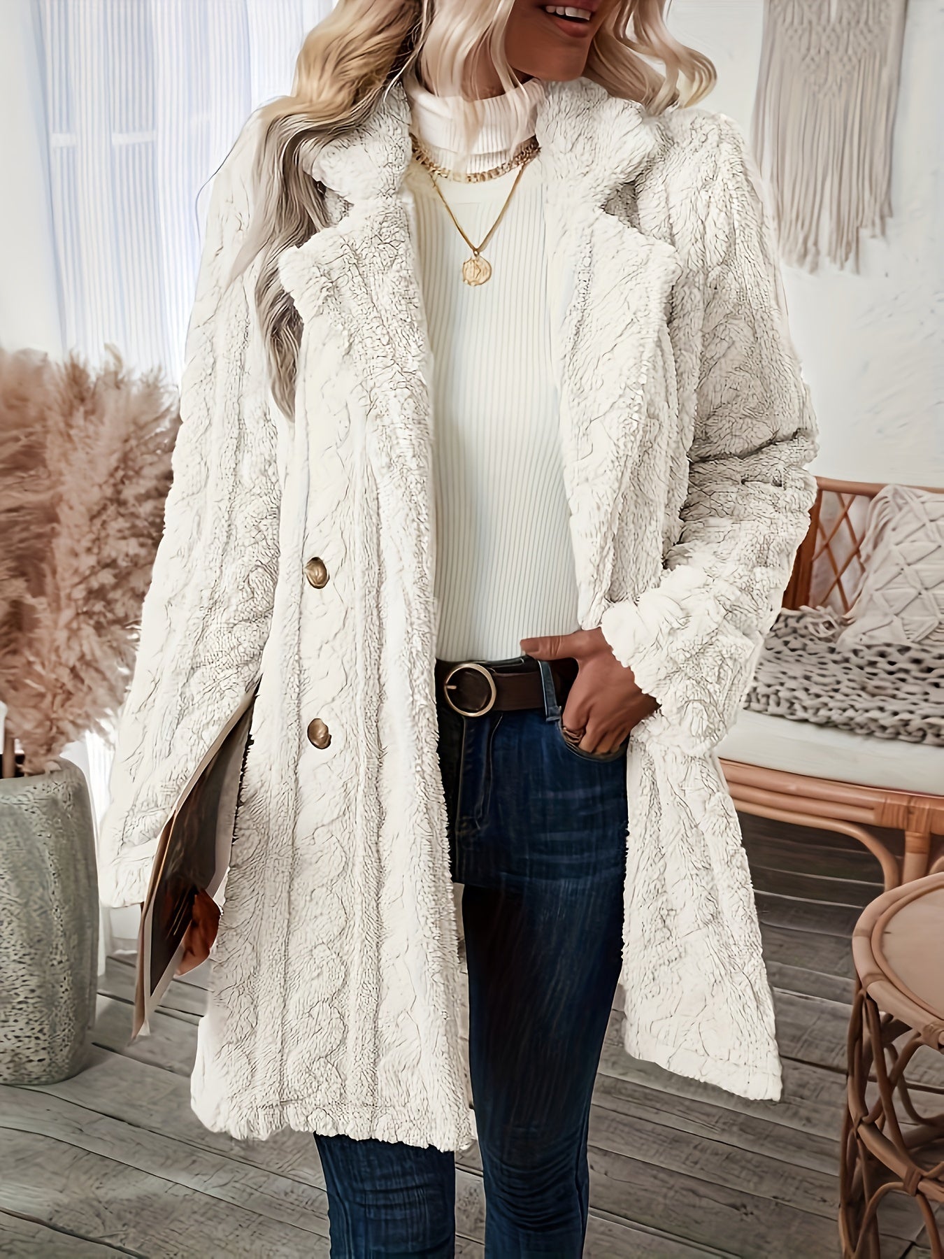 Sixsr Double-breasted Teddy Bear Coat, Casual Thermal Lapel Neck Long Sleeve Plush Jacket For Winter, Women's Clothing