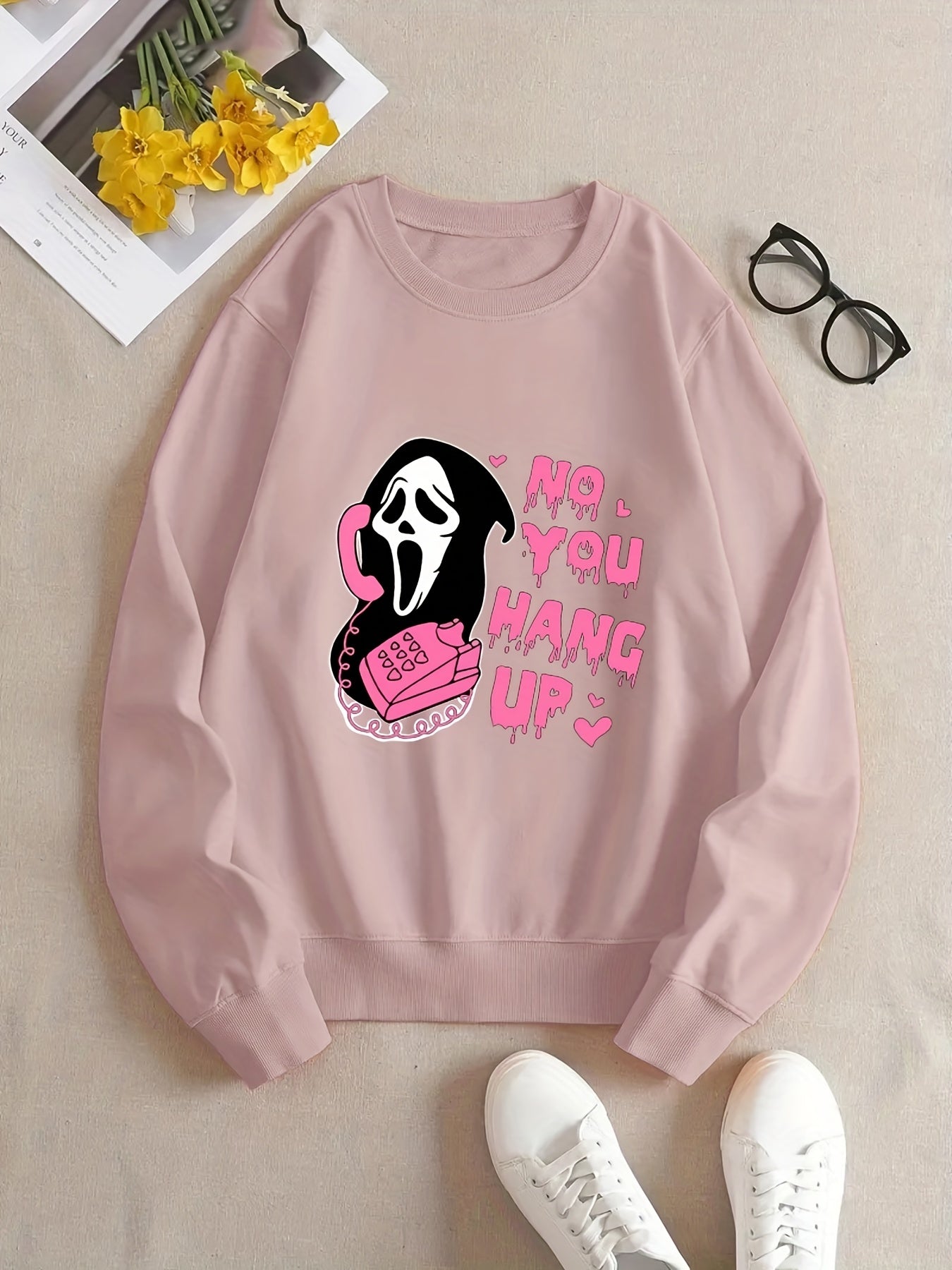 Sixsr Plus Size Halloween Casual Sweatshirt, Women's Plus Skull & Slogan Print Long Sleeve Round Neck Slight Stretch Sweatshirt
