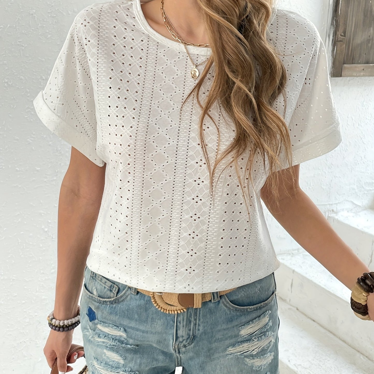 Sixsr Eyelet Embroidered T-Shirt, Short Sleeve Casual Top For Summer & Spring, Women's Clothing
