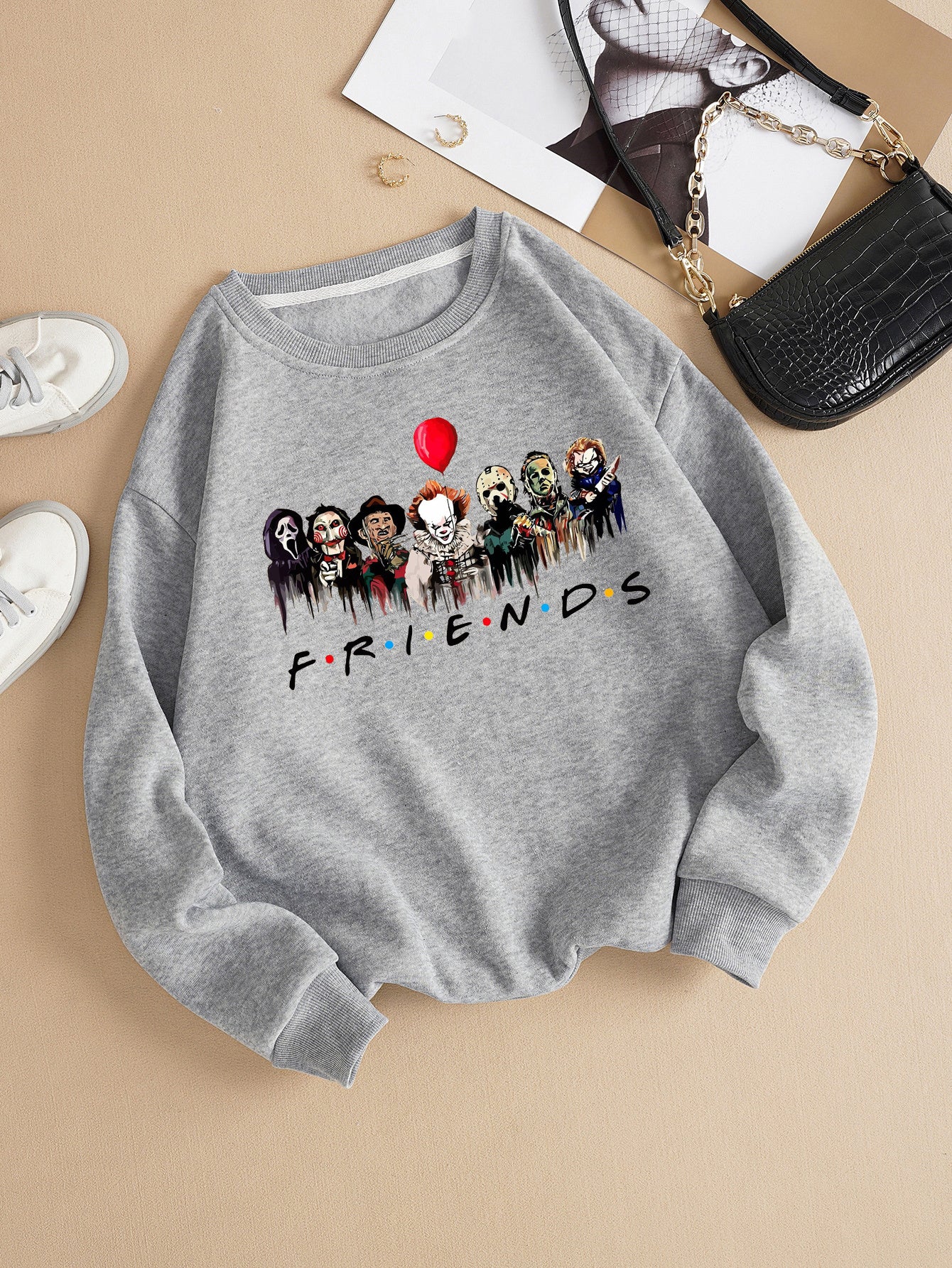 Sixsr Horror Characters Friends Graphic Print Round Neck Long Sleeve Pullover, Casual Drop Shoulder Comfy Sweatshirt, Women's Clothing
