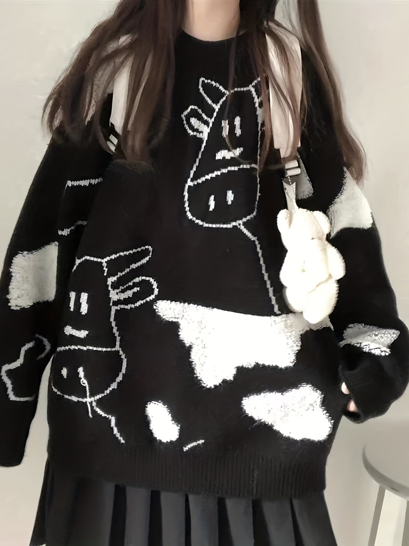 Sixsr Cute Cow Pattern Pullover Sweater, Preppy Long Sleeve Oversized Sweater, Women's Clothing