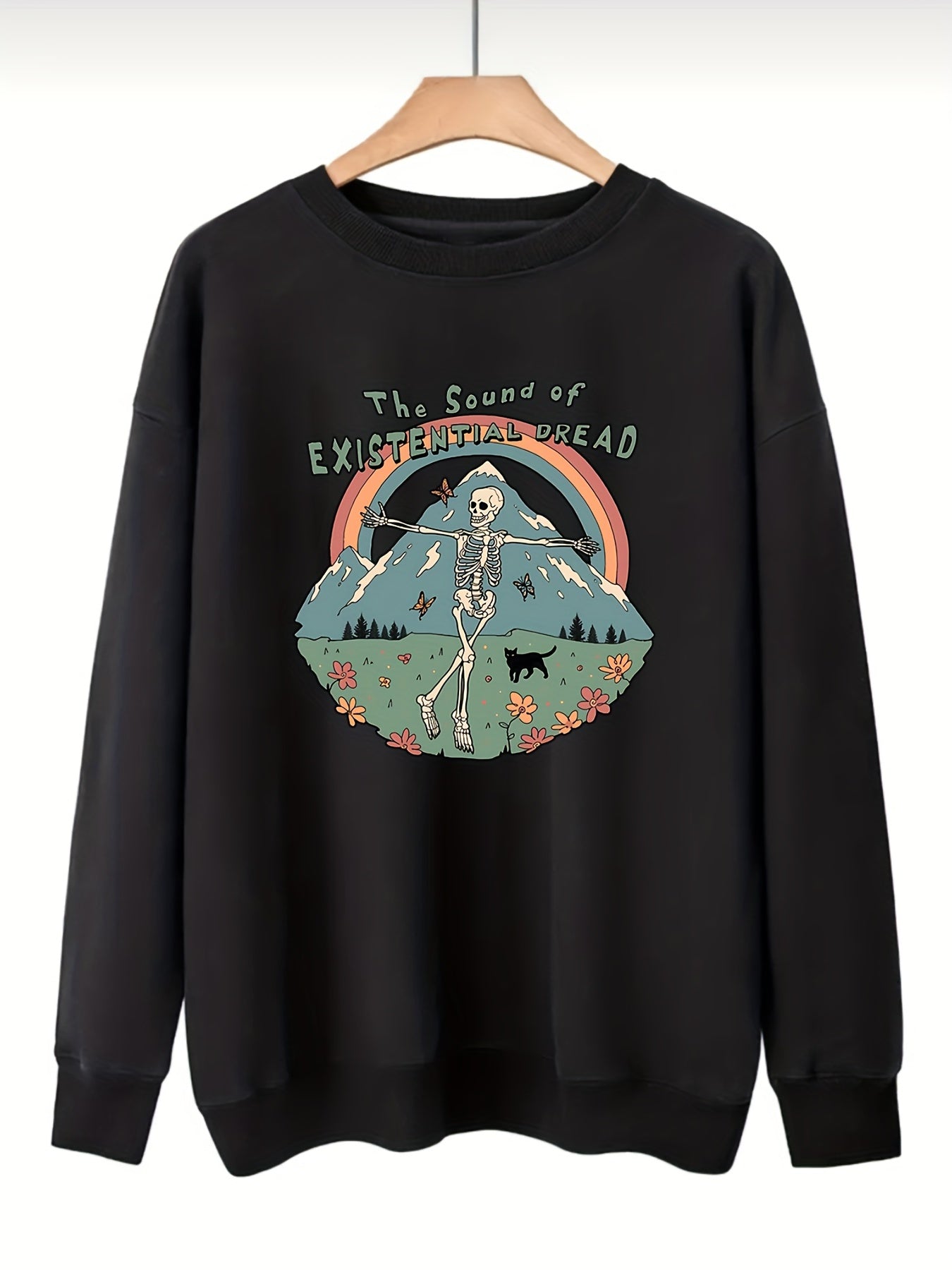 Sixsr Plus Size Halloween Sweatshirt, Women's Plus Skull & Rainbow & Letter Print Long Sleeve Round Neck Sweatshirt