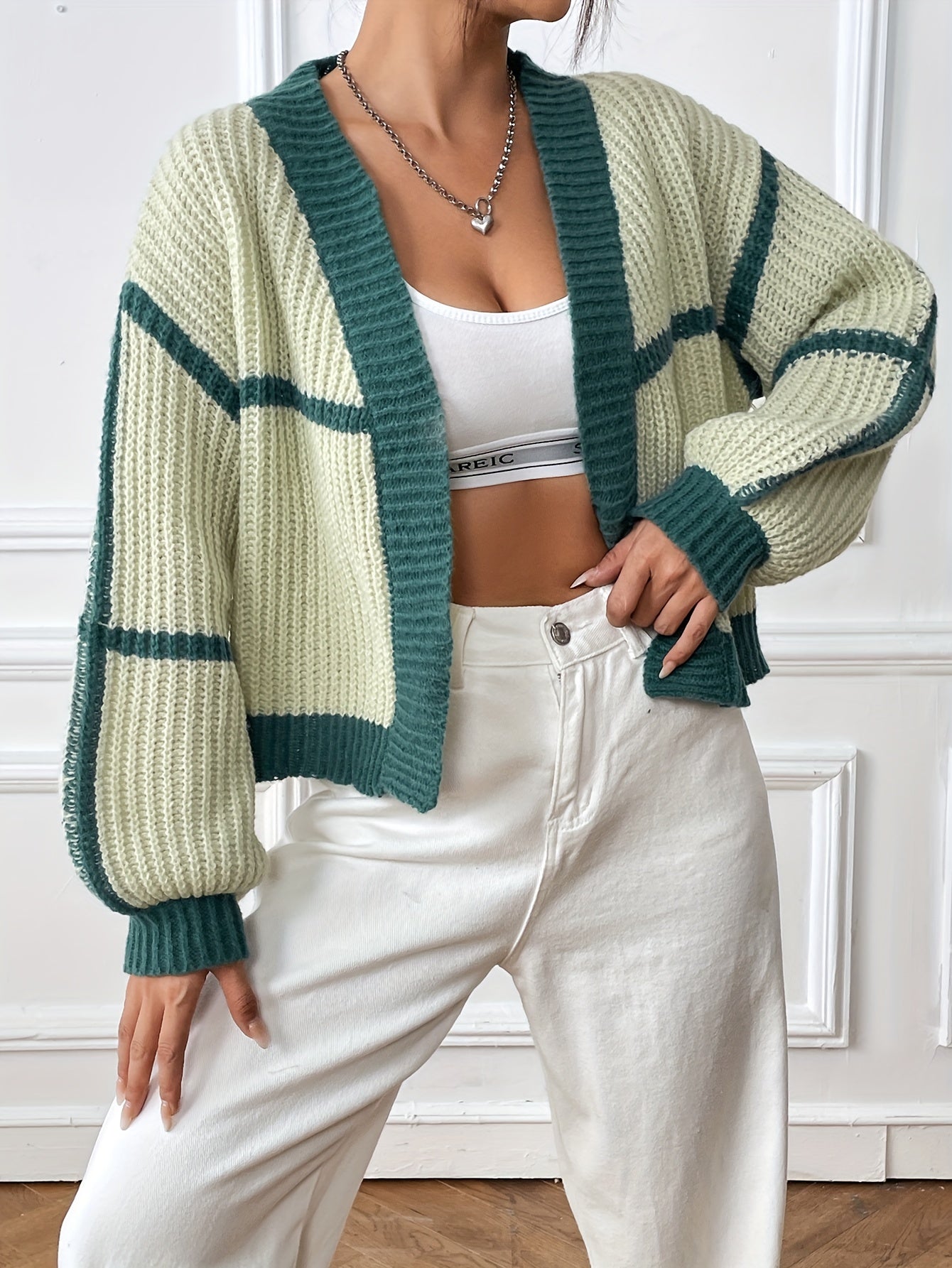 Sixsr Contrast Trim Simple Crop Knit Cardigan, Casual Open Front Lantern Sleeve Sweater, Women's Clothing