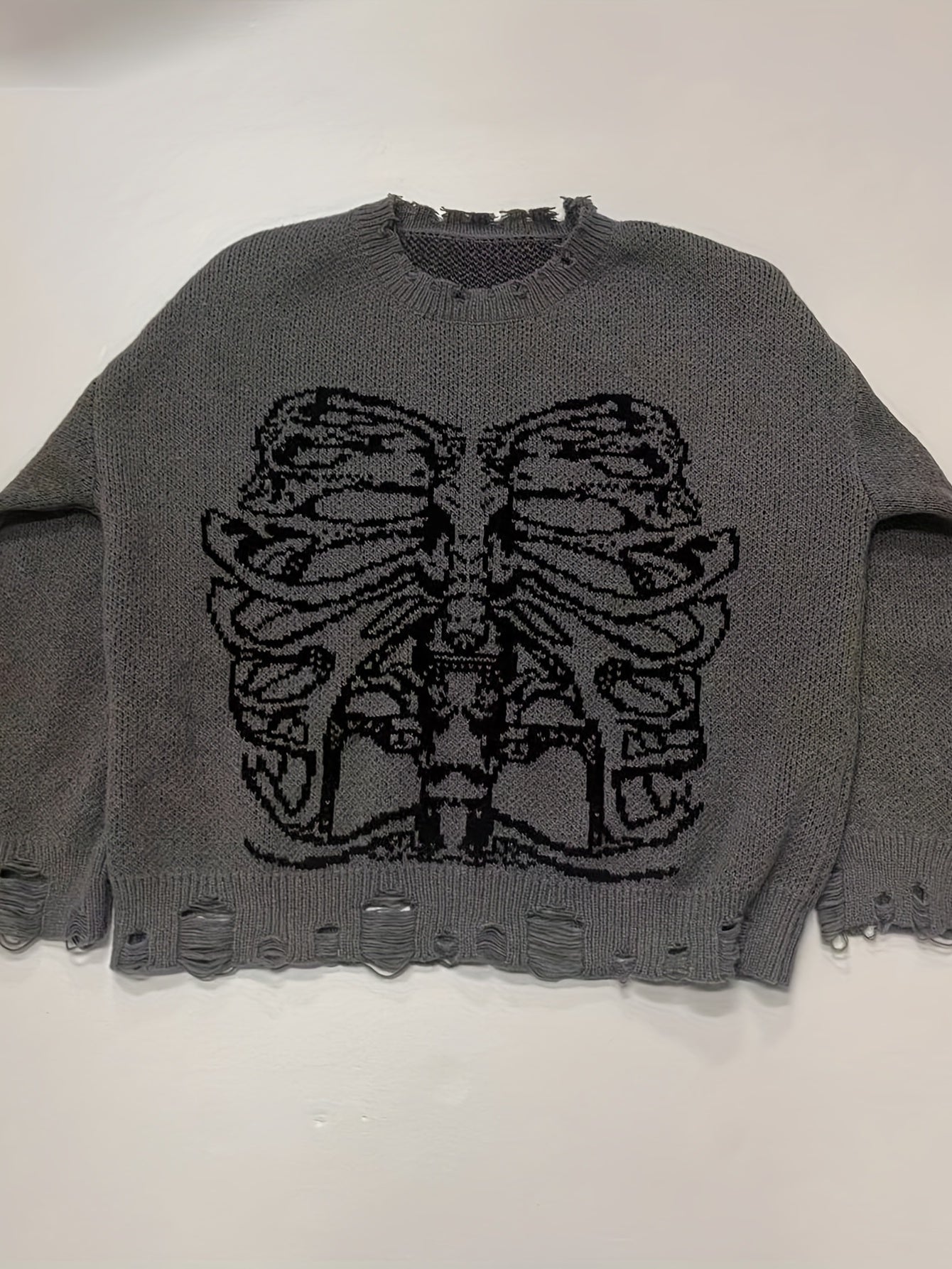 Sixsr Skeleton Pattern Ripped Pullover Sweater, Distress Long Sleeve Sweater For Fall & Winter, Women's Clothing
