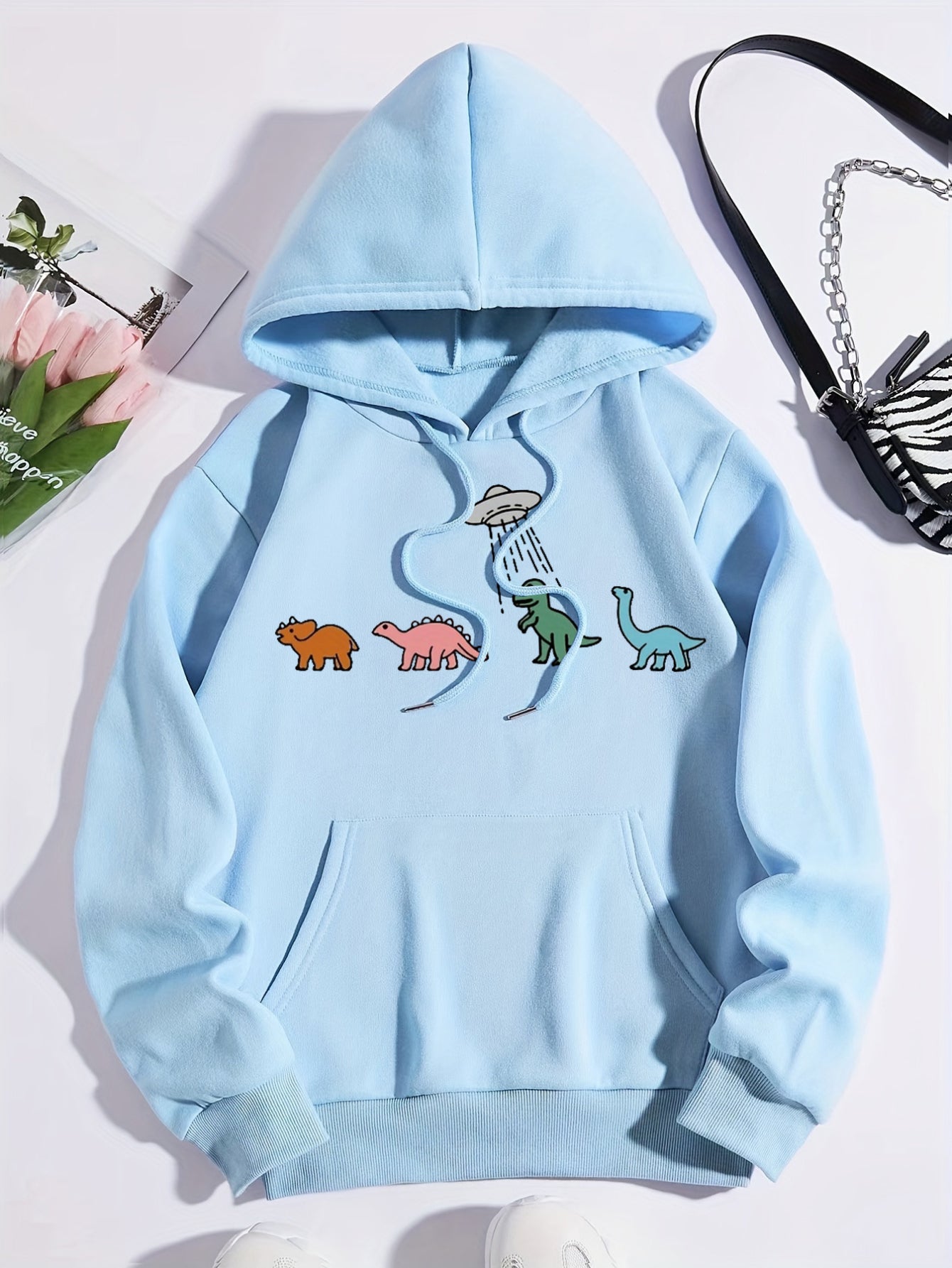 Sixsr Plus Size Casual Sweatshirt, Women's Plus Dinosaur Print Long Sleeve Drawstring Hoodie With Pockets