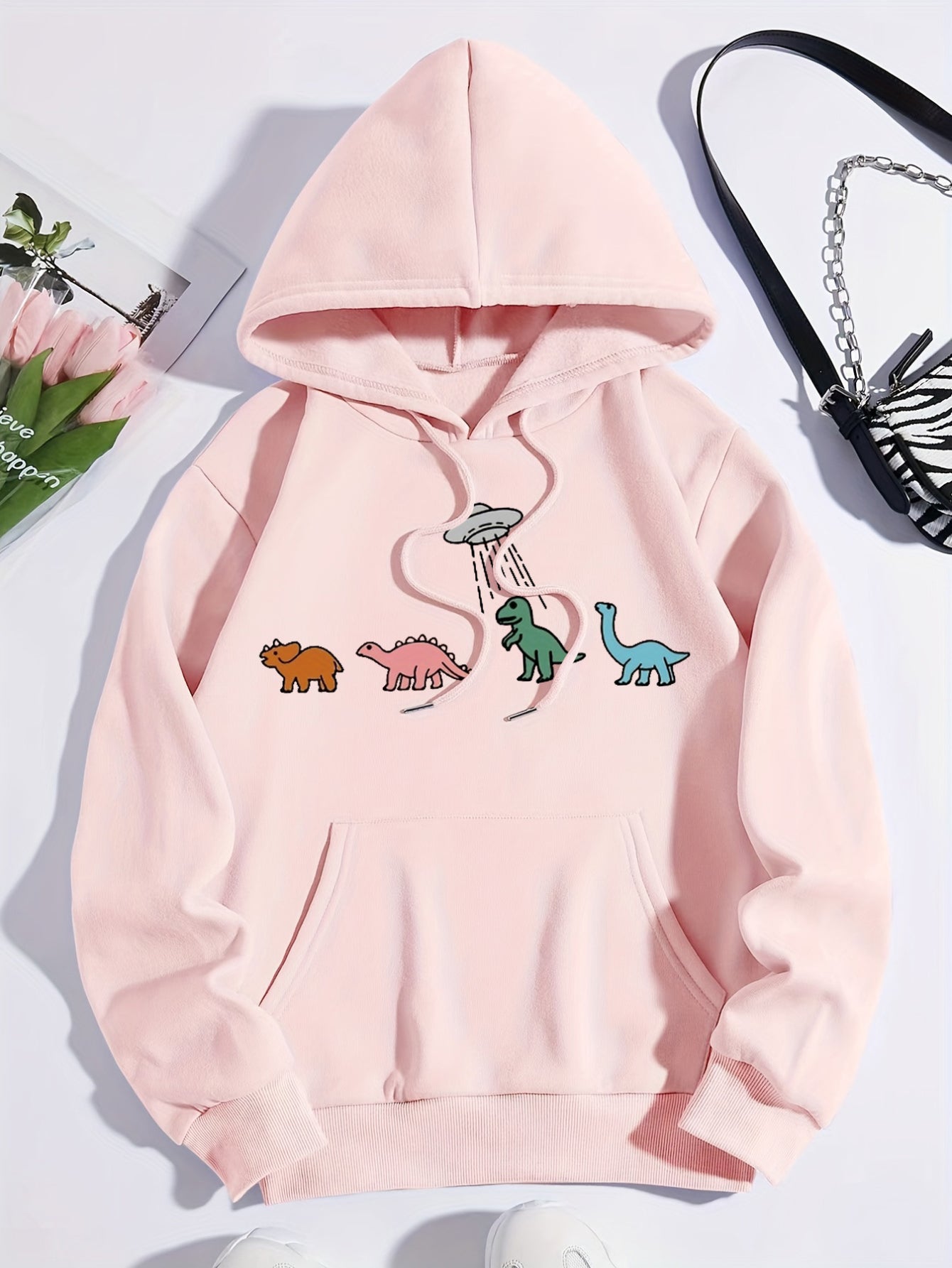 Sixsr Plus Size Casual Sweatshirt, Women's Plus Dinosaur Print Long Sleeve Drawstring Hoodie With Pockets