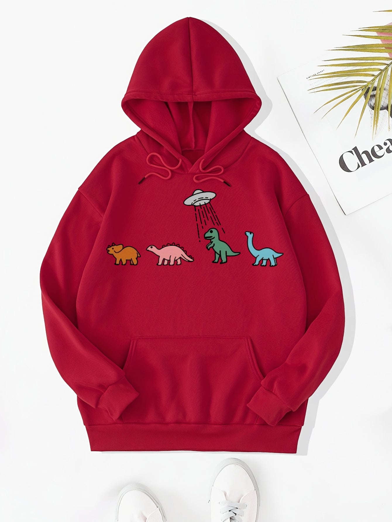 Sixsr Plus Size Casual Sweatshirt, Women's Plus Dinosaur Print Long Sleeve Drawstring Hoodie With Pockets