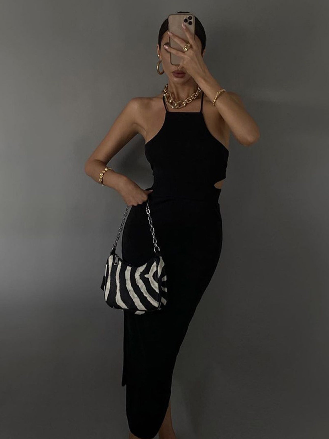 Sixsr Cut Out Halter Neck Dress, Stylish Backless Split Hem Slim Tied Dress, Women's Clothing