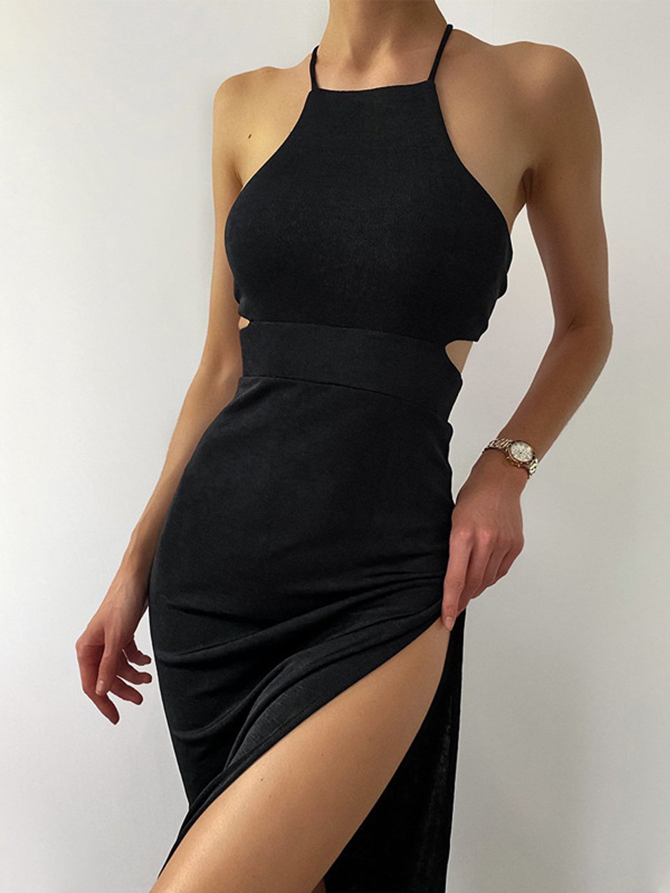 Sixsr Cut Out Halter Neck Dress, Stylish Backless Split Hem Slim Tied Dress, Women's Clothing