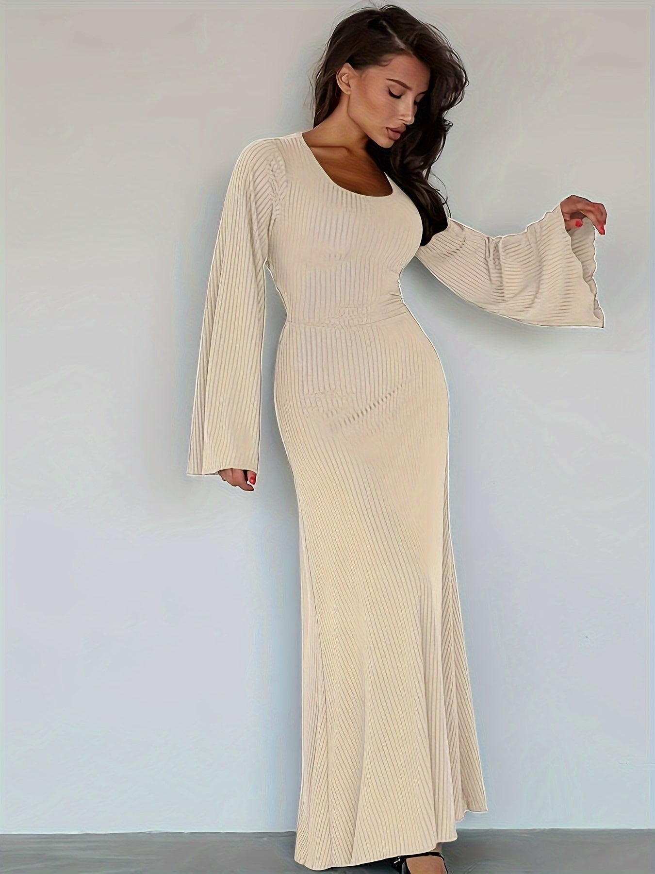 Sixsr Solid Flared Long Sleeve Dress, Casual Squared Neck Maxi Dress, Women's Clothing