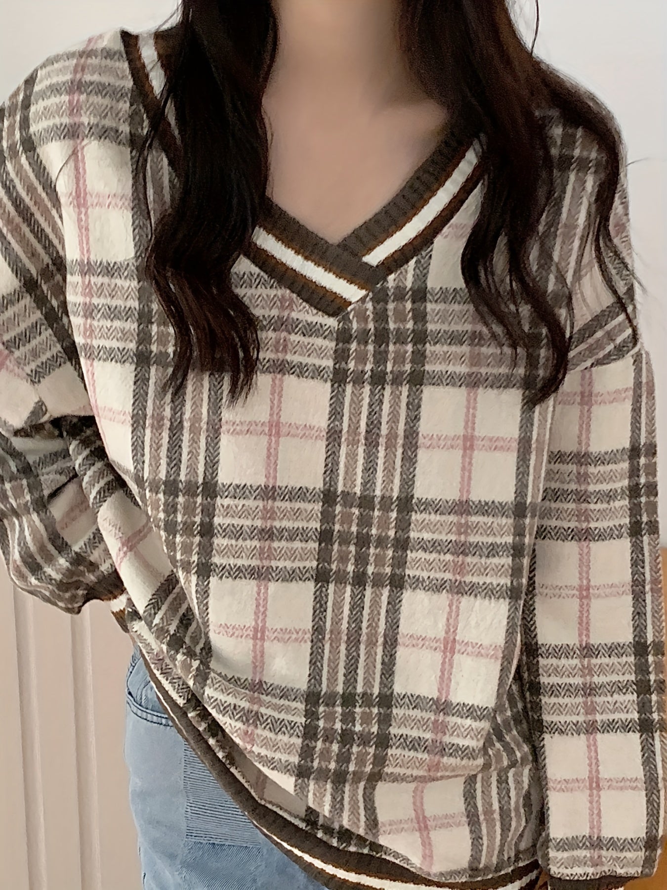 Sixsr Plaid V Neck Pullover Sweater, Casual Long Sleeve Loose Sweater For Fall & Winter, Women's Clothing