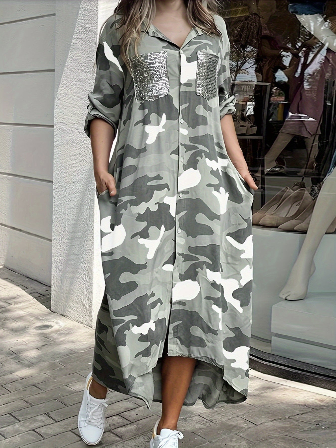 Sixsr Camo Print Shirt Dress, Casual Button Front Long Sleeve Collar Dress, Women's Clothing