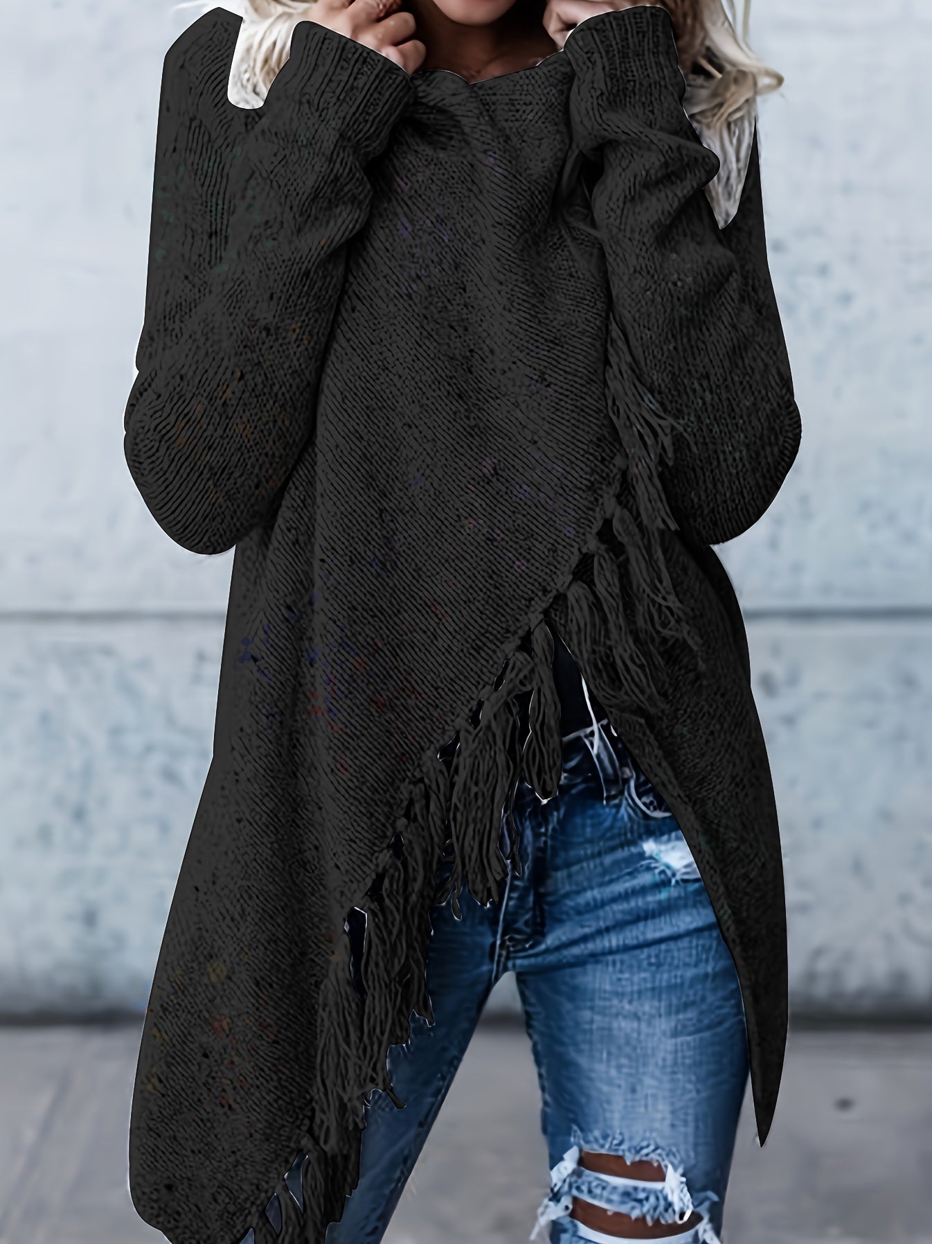 Sixsr Plus Size Casual Sweater, Women's Plus Solid Tassel Trim Long Sleeve Cowl Neck High Stretch Jumper