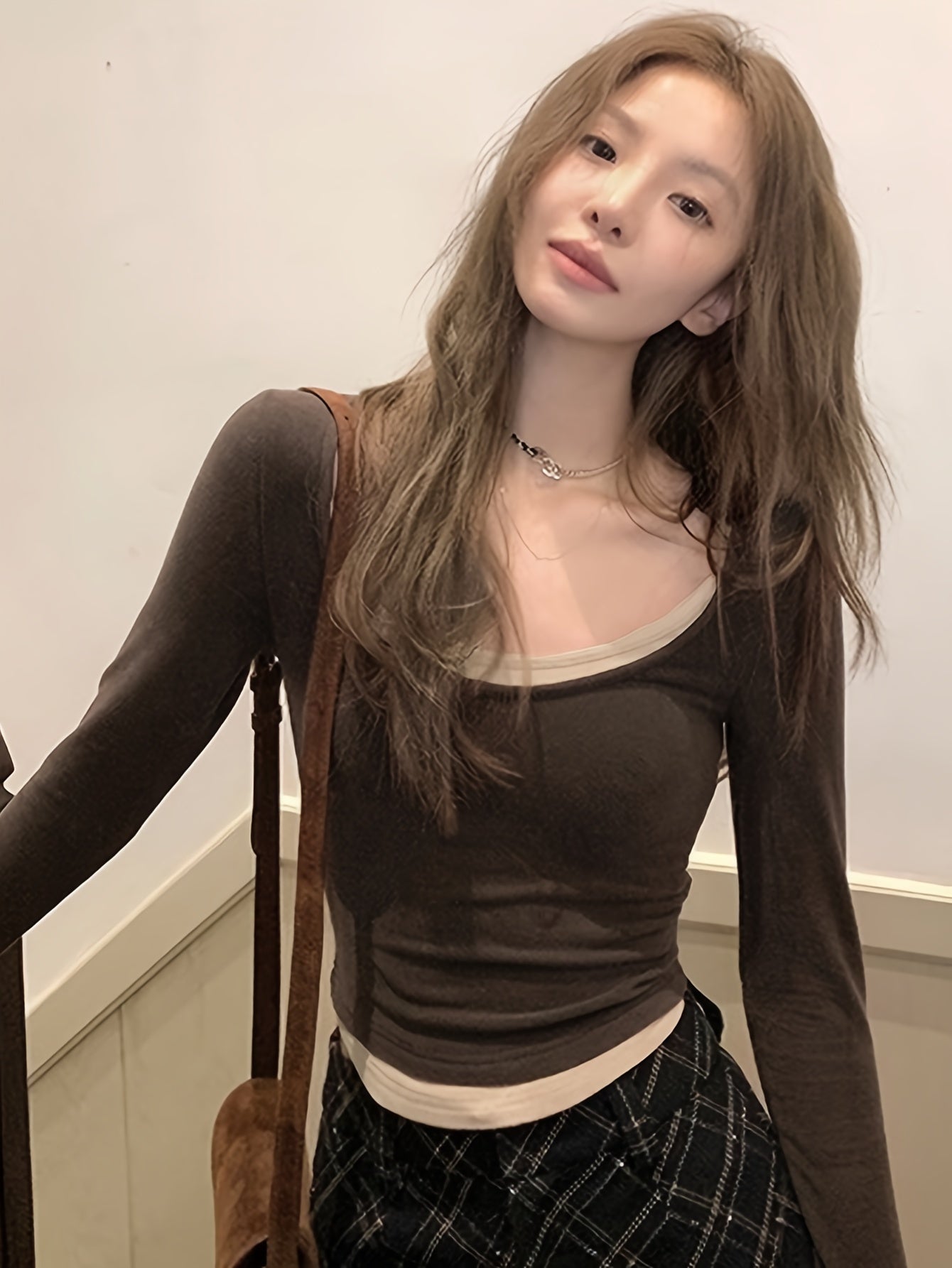 Sixsr Contrast Trim Crew Neck Crop T-Shirt, Casual Long Sleeve T-Shirt For Spring & Fall, Women's Clothing