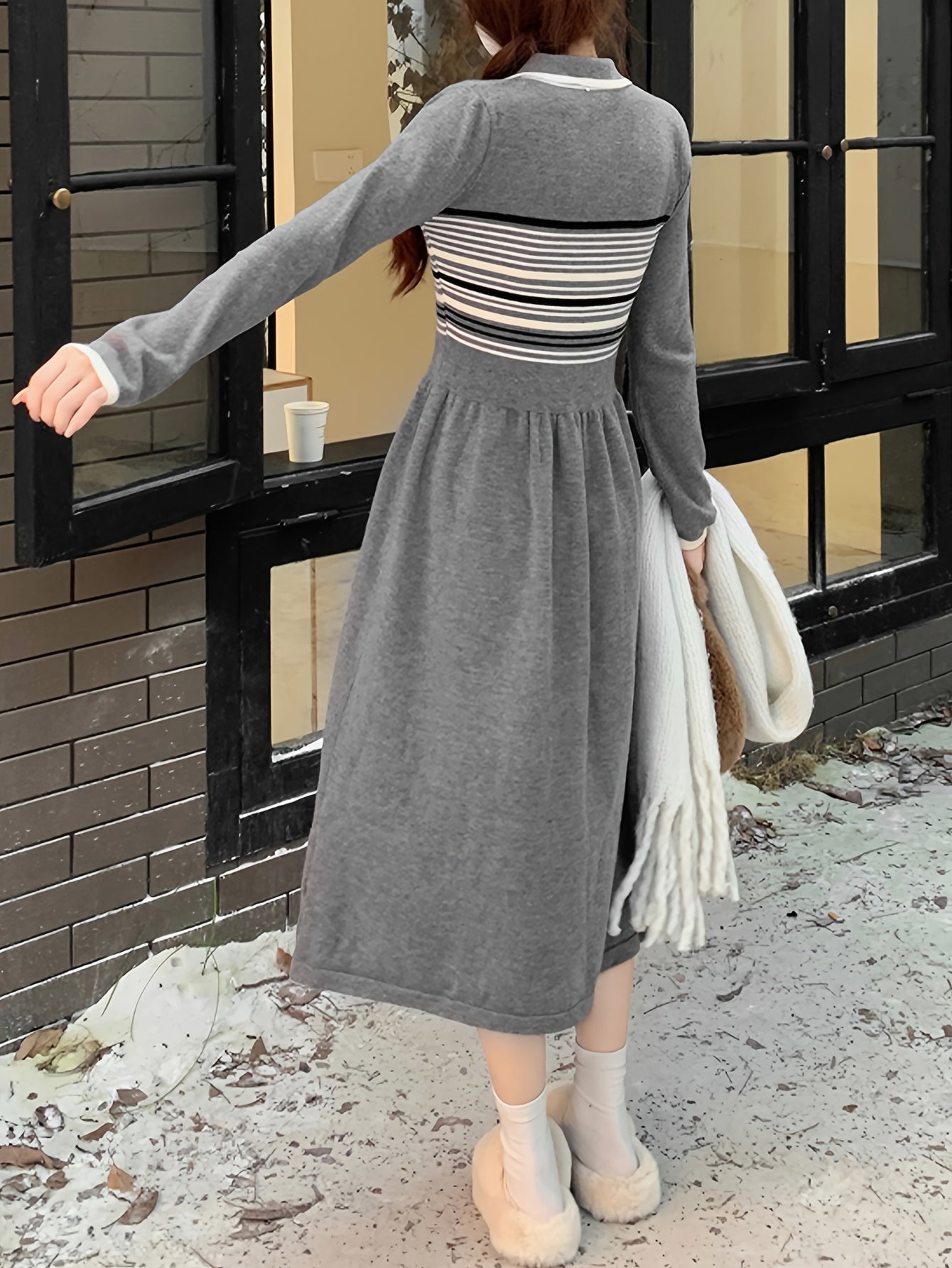 Sixsr Striped Contrast Trim Waist Sweater Dress, Long Sleeve Lapel Collar Causal Dress, Women's Clothing