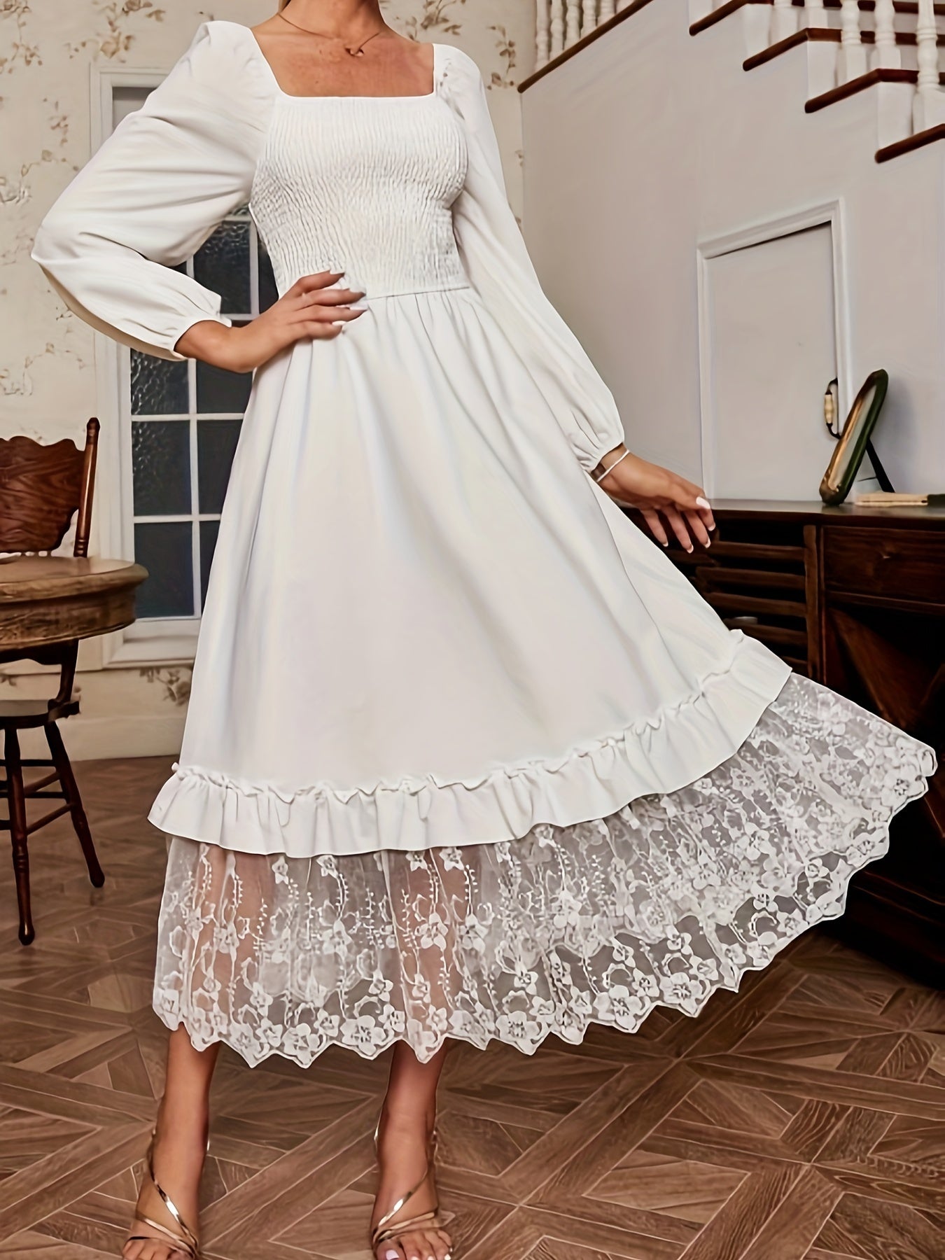 Sixsr Lace Trim Shirred Dress, Elegant Ruffle Square Neck Lantern Long Sleeve Dress For Spring & Fall, Women's Clothing