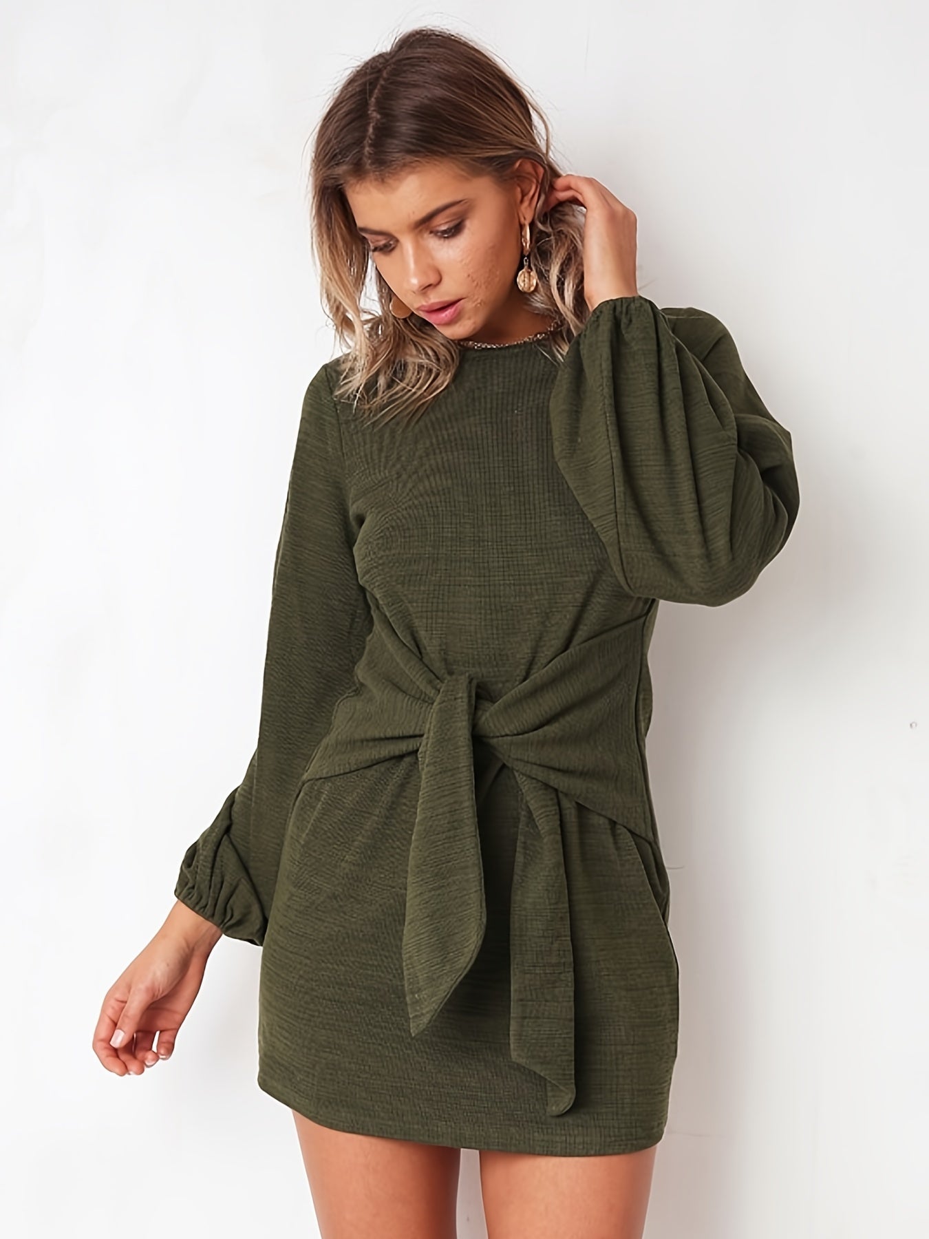 Sixsr Solid Long Sleeve Strappy Dress, Casual Every Day Dress For Spring & Summer, Women's Clothing