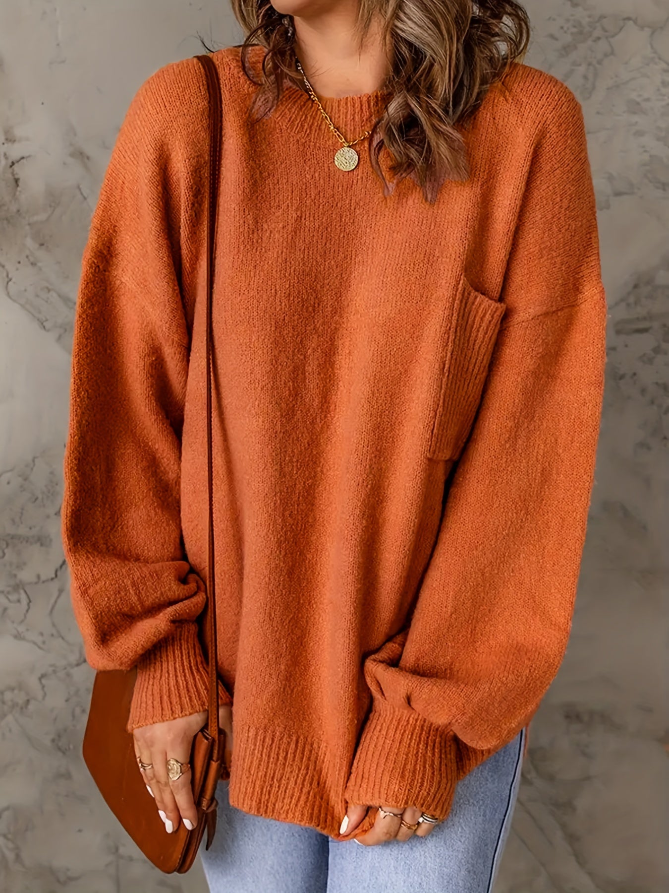 Sixsr Plus Size Casual Sweater, Women's Plus Solid Lantern Sleeve Round Neck Medium Stretch Jumper
