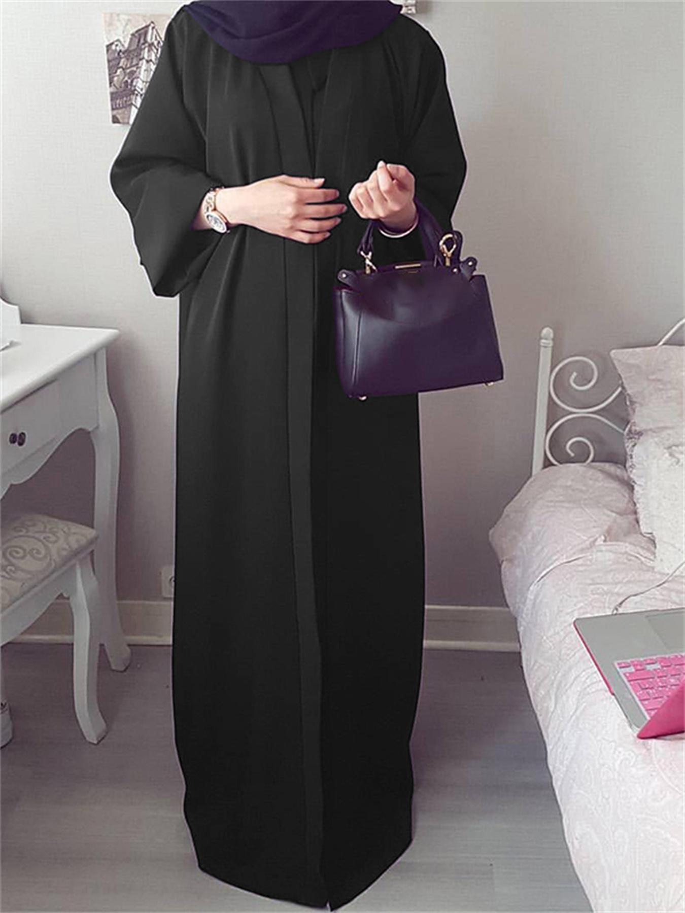 Sixsr Plus Size Modest Abaya Robe, Women's Plus Solid Long Sleeve Open Front Loose Turkey Robe