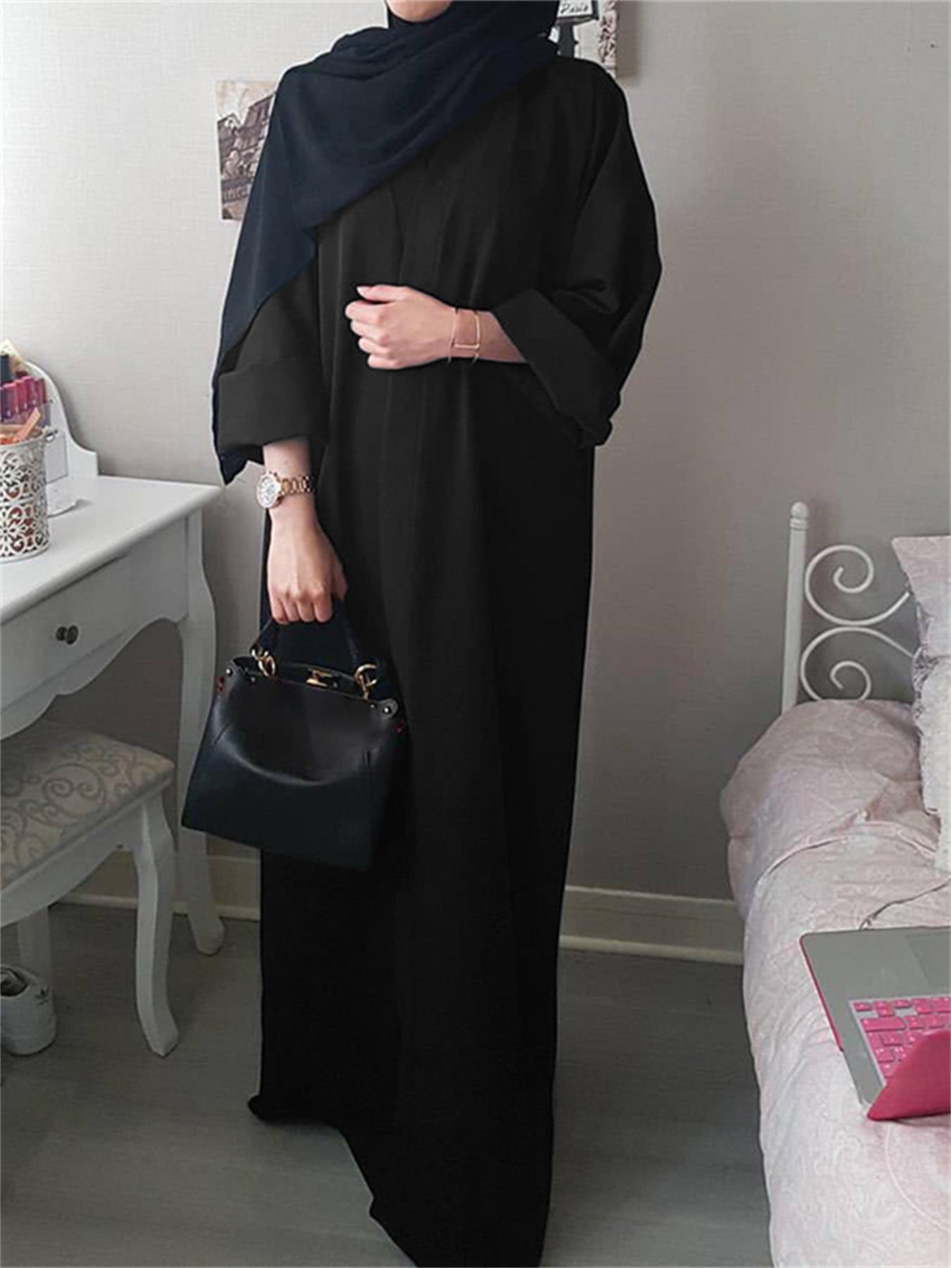 Sixsr Plus Size Modest Abaya Robe, Women's Plus Solid Long Sleeve Open Front Loose Turkey Robe