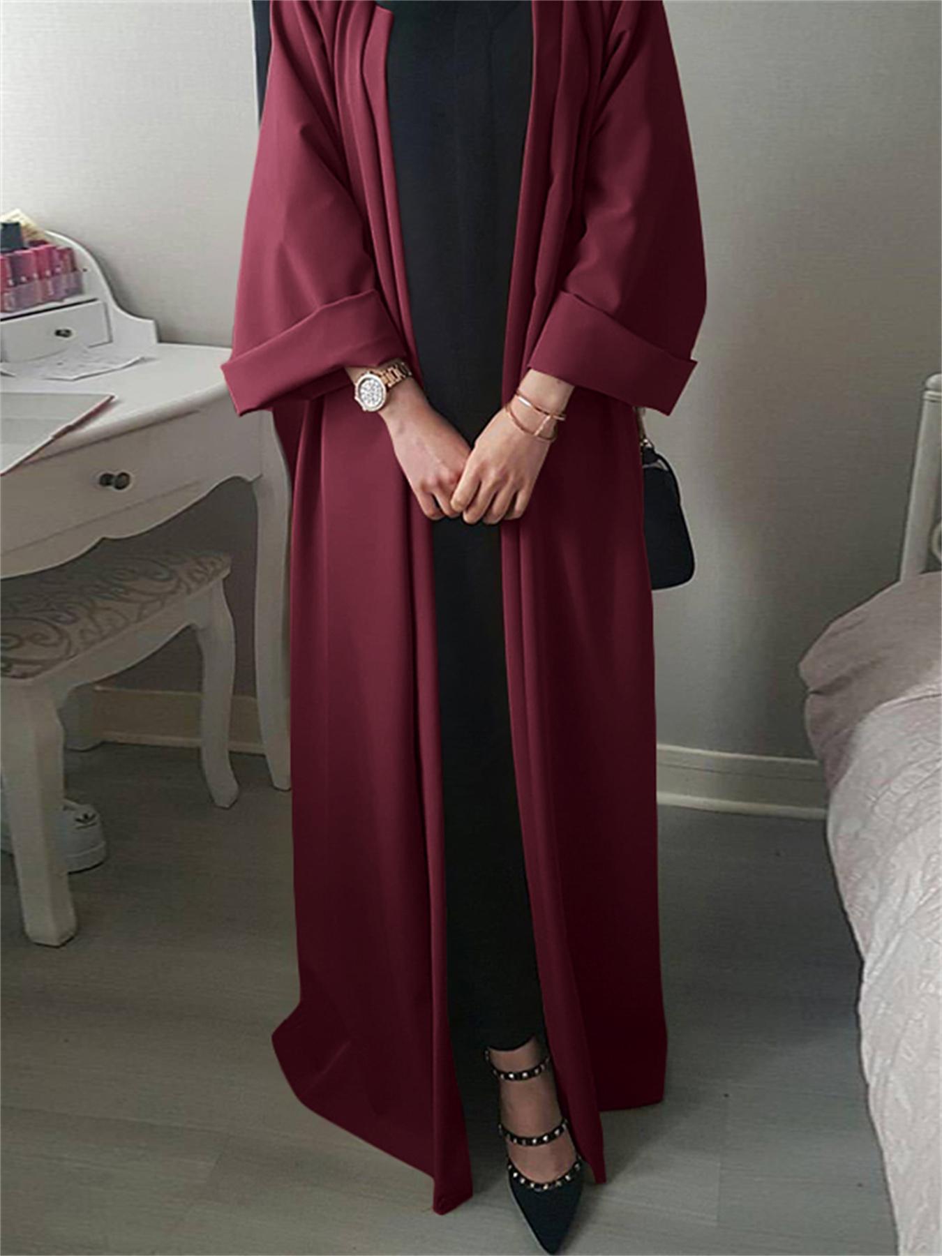 Sixsr Plus Size Modest Abaya Robe, Women's Plus Solid Long Sleeve Open Front Loose Turkey Robe