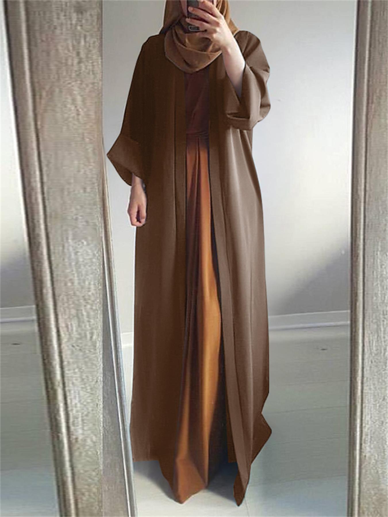 Sixsr Plus Size Modest Abaya Robe, Women's Plus Solid Long Sleeve Open Front Loose Turkey Robe