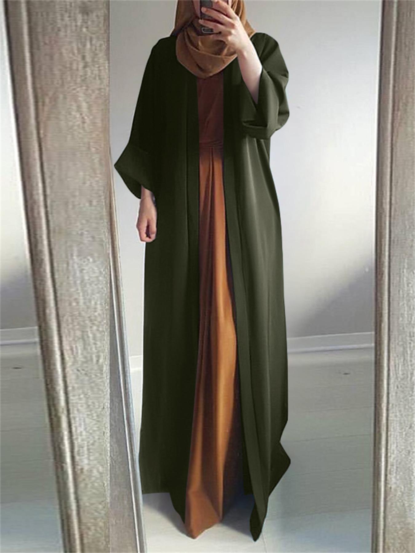 Sixsr Plus Size Modest Abaya Robe, Women's Plus Solid Long Sleeve Open Front Loose Turkey Robe
