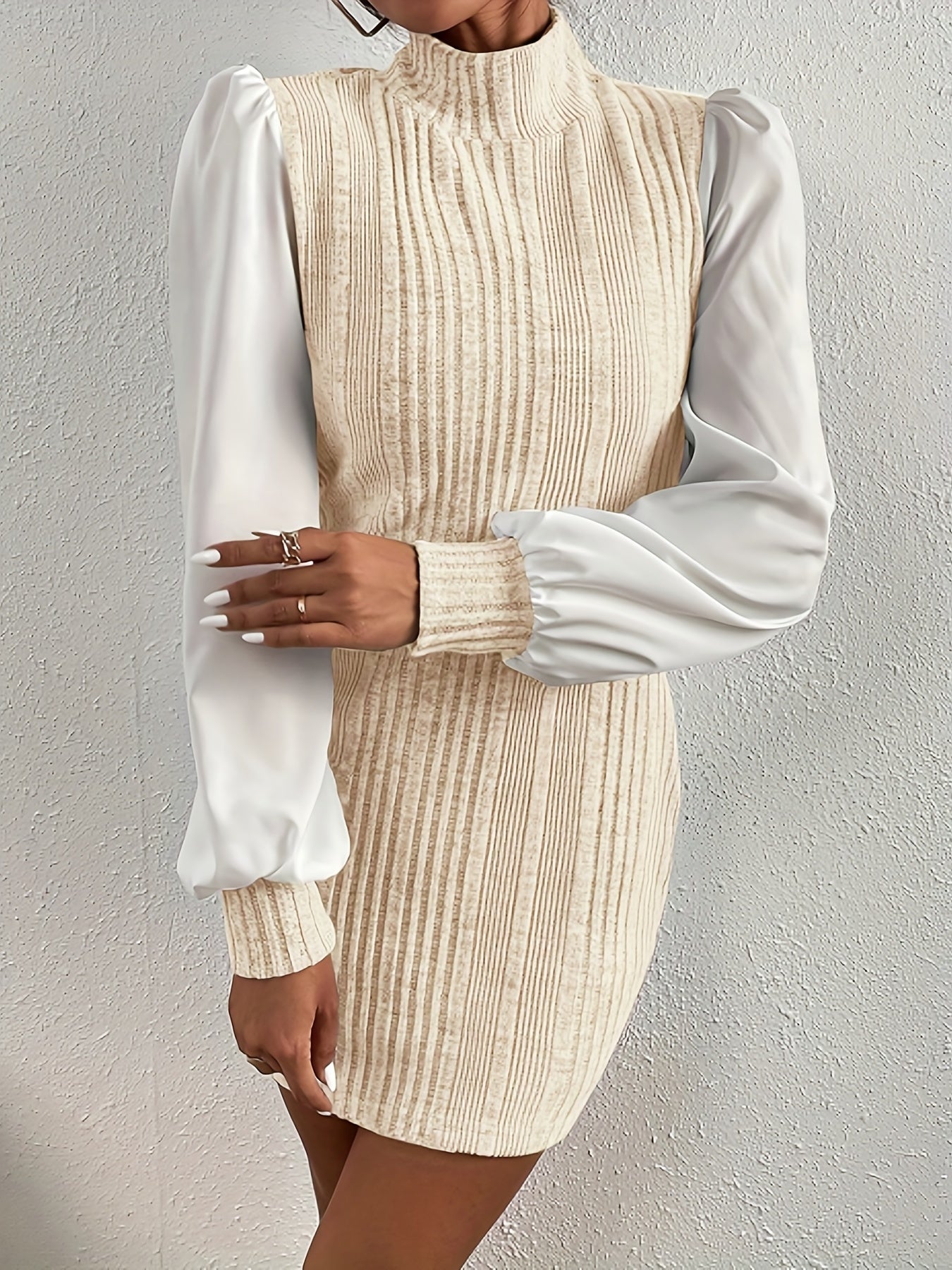 Sixsr Color Block Ribbed Dress, Elegant Lantern Sleeve High Neck Slim Dress, Women's Clothing