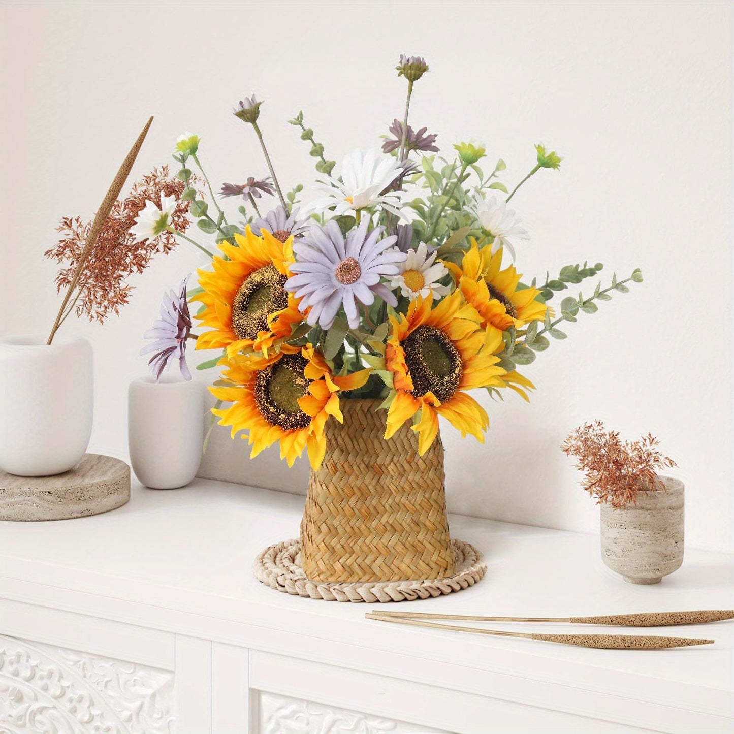 Leftover Fake Sunflowers in Wicker Vase, Sunflowers Artificial Flowers in Vase, Silk Fake Flowers with Vase, Table Centerpiece Decor, Faux Flowers Arrangement for Home Kitchen, Dining Living Room