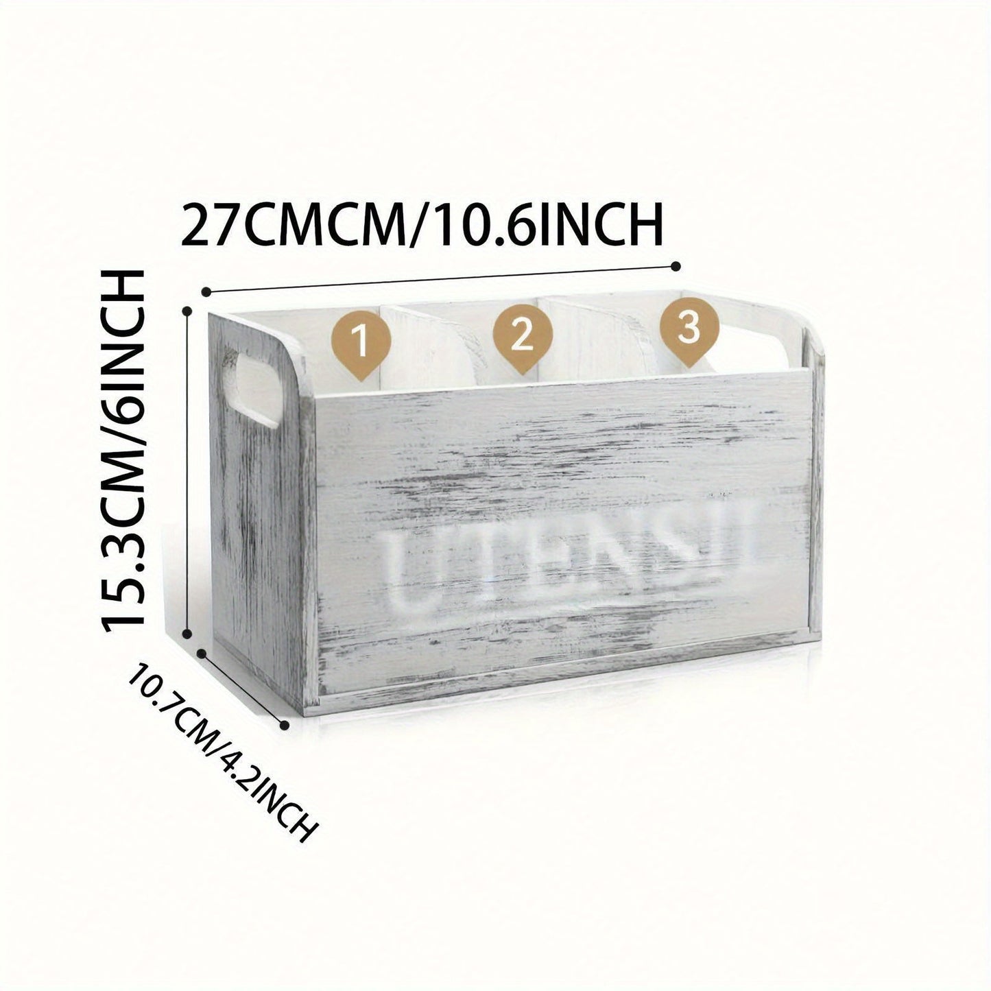 Rustic Wooden Kitchen Utensil Holder - 3-Compartment Countertop Organizer for Silverware & Cooking Tools, Non-Electric, Space-Saving Design, Perfect for Kitchen and Dining Room Decor