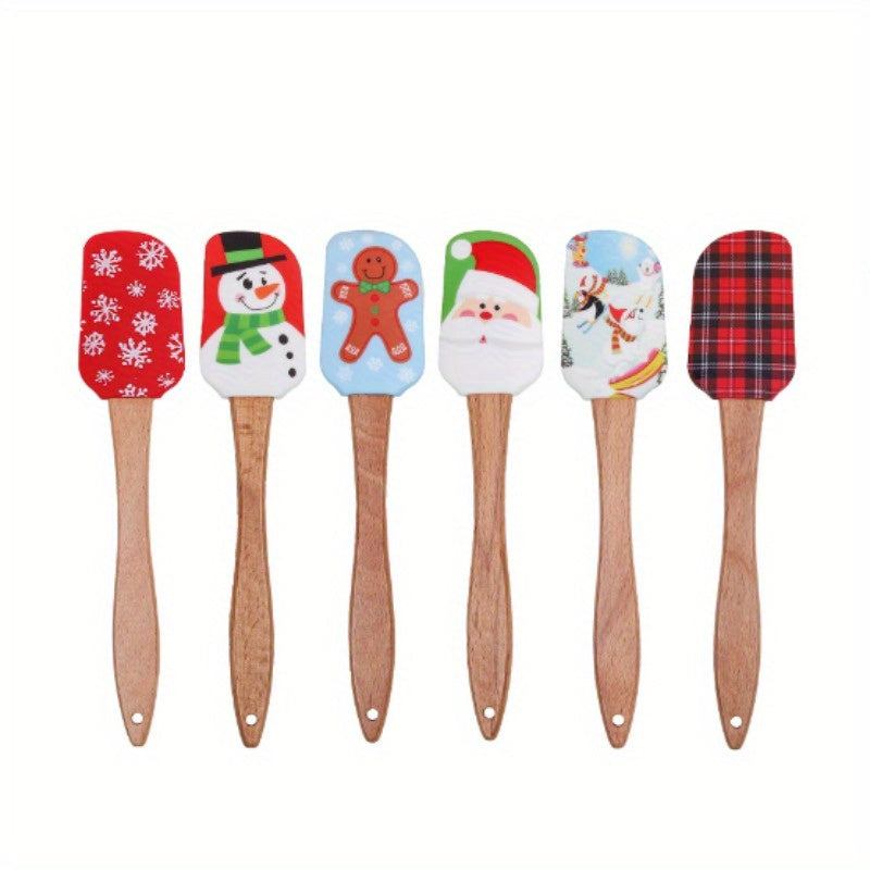 Festive Christmas Silicone Spatula Set with Wooden Handles - Ideal for Baking, Cooking, and Cake Decoration