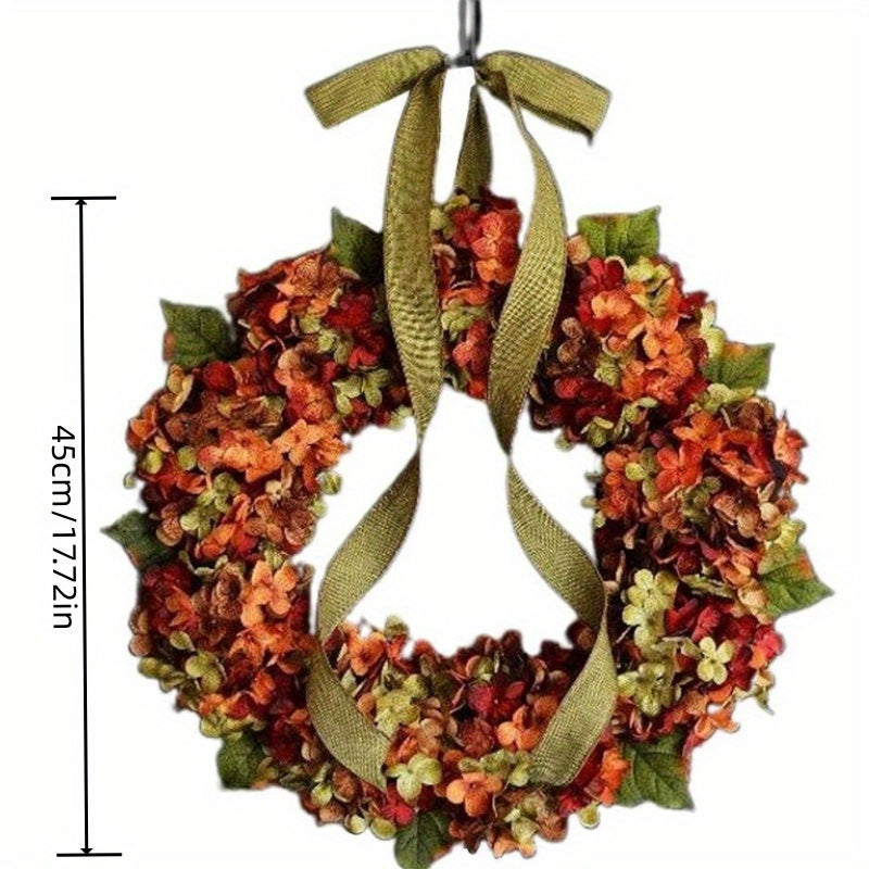 Large 17.72" Bohemian Fall Hydrangea Wreath with Bow - Artificial Flower Garland for Thanksgiving & Autumn Decor, Perfect for Front Door or Indoor Use