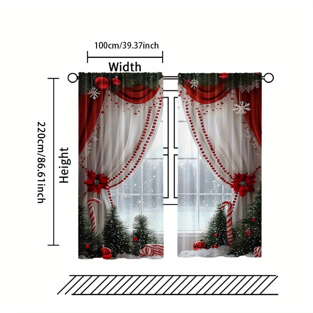 2pcs Set Luxury European Christmas Curtains with Green Plant Design - Semi Transparent, Easy Hang Rod Pocket Drapes for Living Room, Bedroom, Office - Perfect for Holiday Home Decor