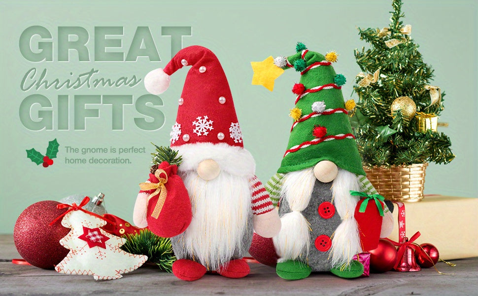 Set of 2 Christmas Gnome Plush Decorations, Xmas Farmhouse Tiered Tray Decor-Red Green Handmade Scandinavian Tomte - Home Tabletop Elf Ornaments Christmas Home Decor