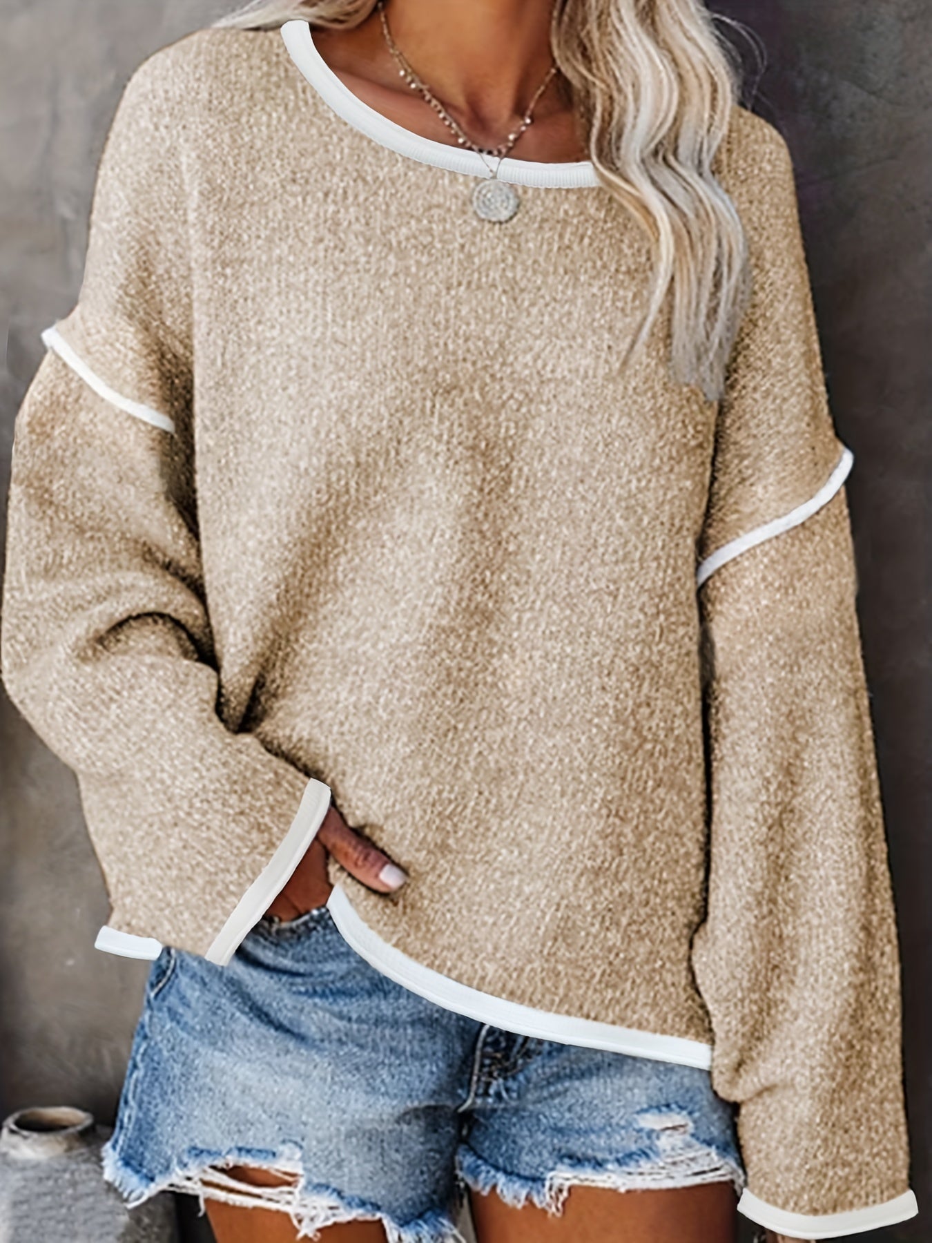 Sixsr Contrast Trim Oversized Knit Sweater, Casual Crew Neck Long Sleeve Sweater, Women's Clothing
