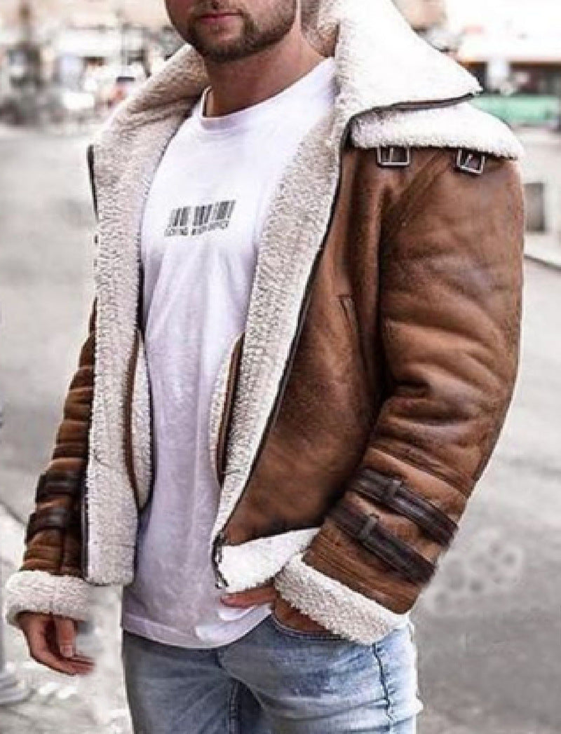 2025 exclusive for wish men's imitation leather fleece fur integrated short coat double collar men's jacket