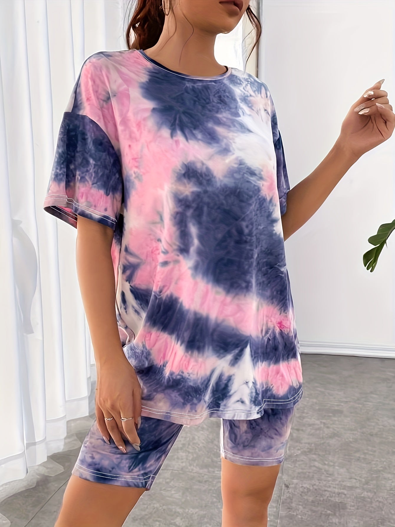 Sixsr Casual Tie Dye Two-piece Set, Drop Shoulder Crew Neck Top & Cropped Leggings Outfits, Women's Clothing