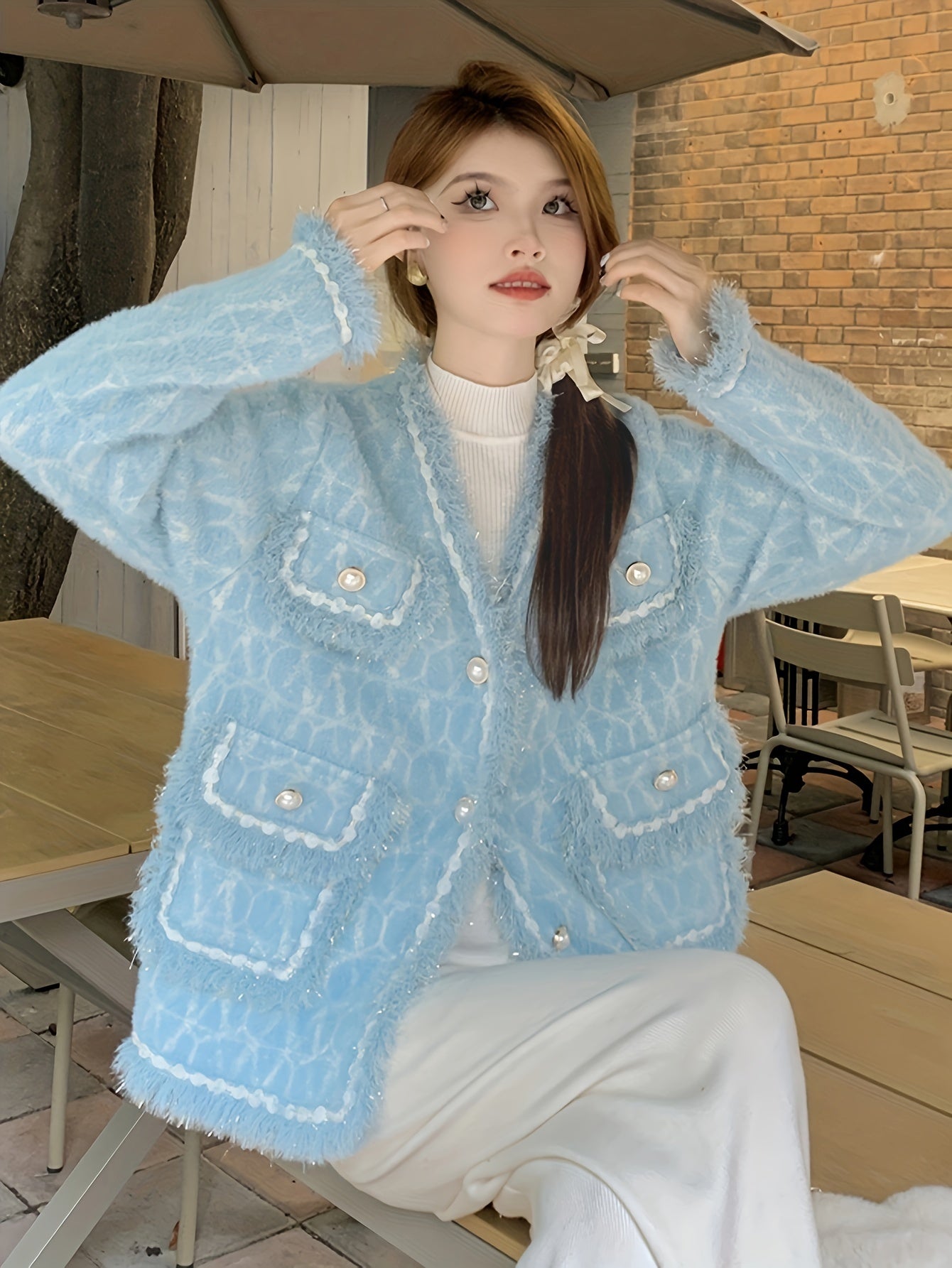 Sixsr Elegant Button Front Cardigan, Long Sleeve Contrast Trim Jacket For Fall & Winter, Women's Clothing
