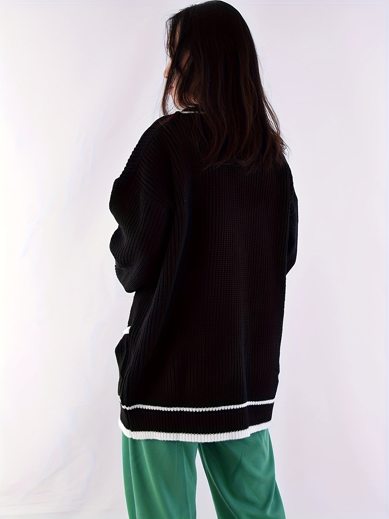 Sixsr Contrast Trim Botton Up Cardigan, Casual Long Sleeve Pocket Loose Sweater For Fall & Winter, Women's Clothing