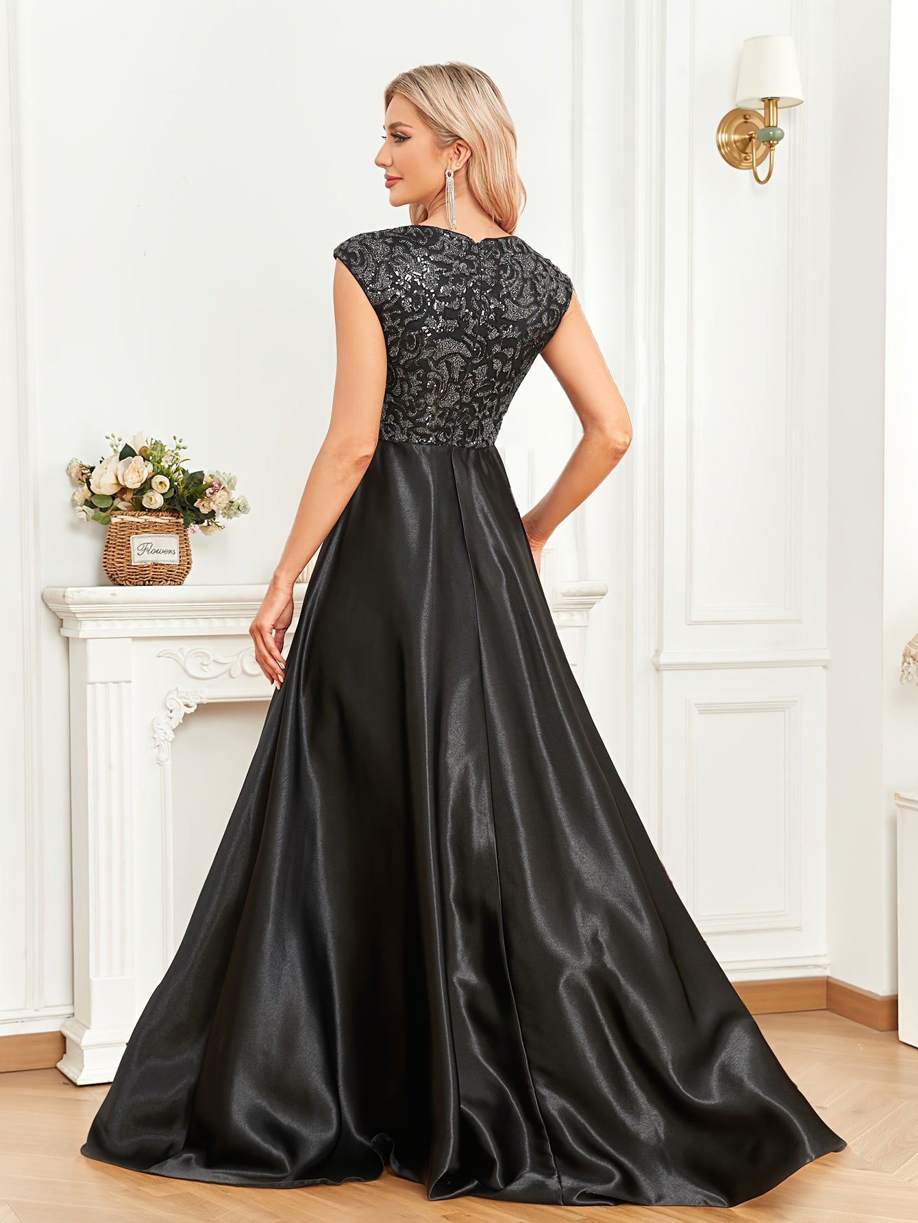Sixsr Cap Sleeve Embroidered Dress, Elegant V-neck Floor Length Dress For Wedding Party, Women's Clothing