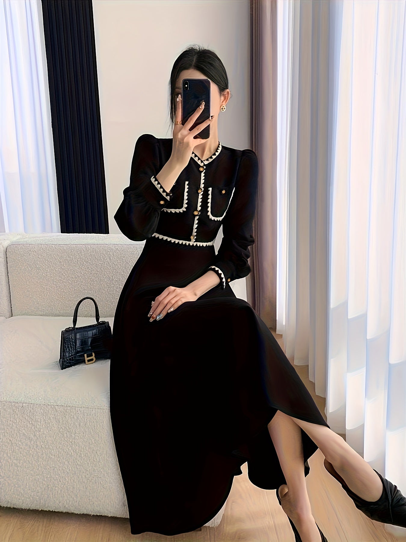 Sixsr Contrast Trim Cuff Sleeve Button Dress, Elegant V Neck A-line Dress For Spring & Fall, Women's Clothing