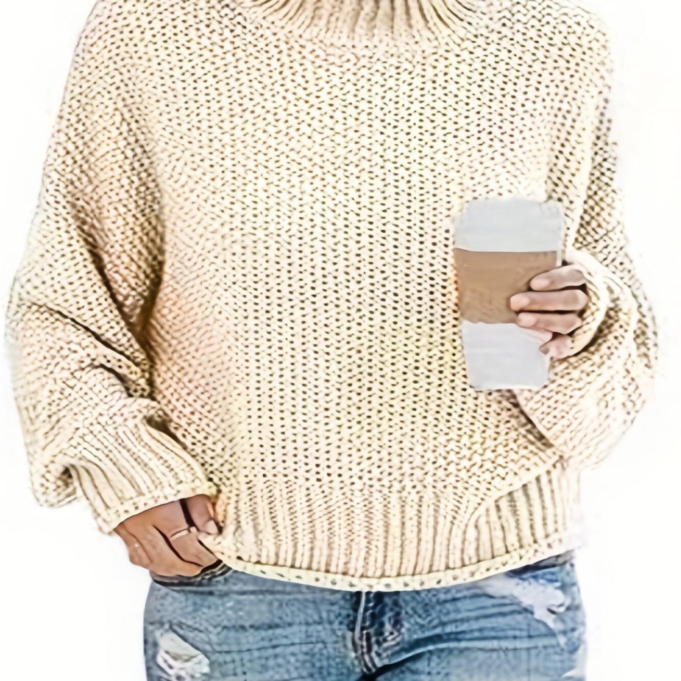 Sixsr Plus Size Casual Sweater, Women's Plus Solid Bat Sleeve Mock Neck Knitted Pullover Sweater