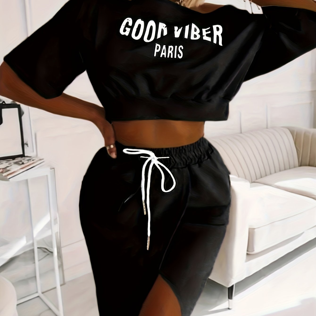 Plus Size Casual Outfits Two Piece Set, Women's Plus Letter Print One Shoulder Short Sleeve Top & Drawstring Split Hem Knee Length Skirt Outfits 2 Piece Set