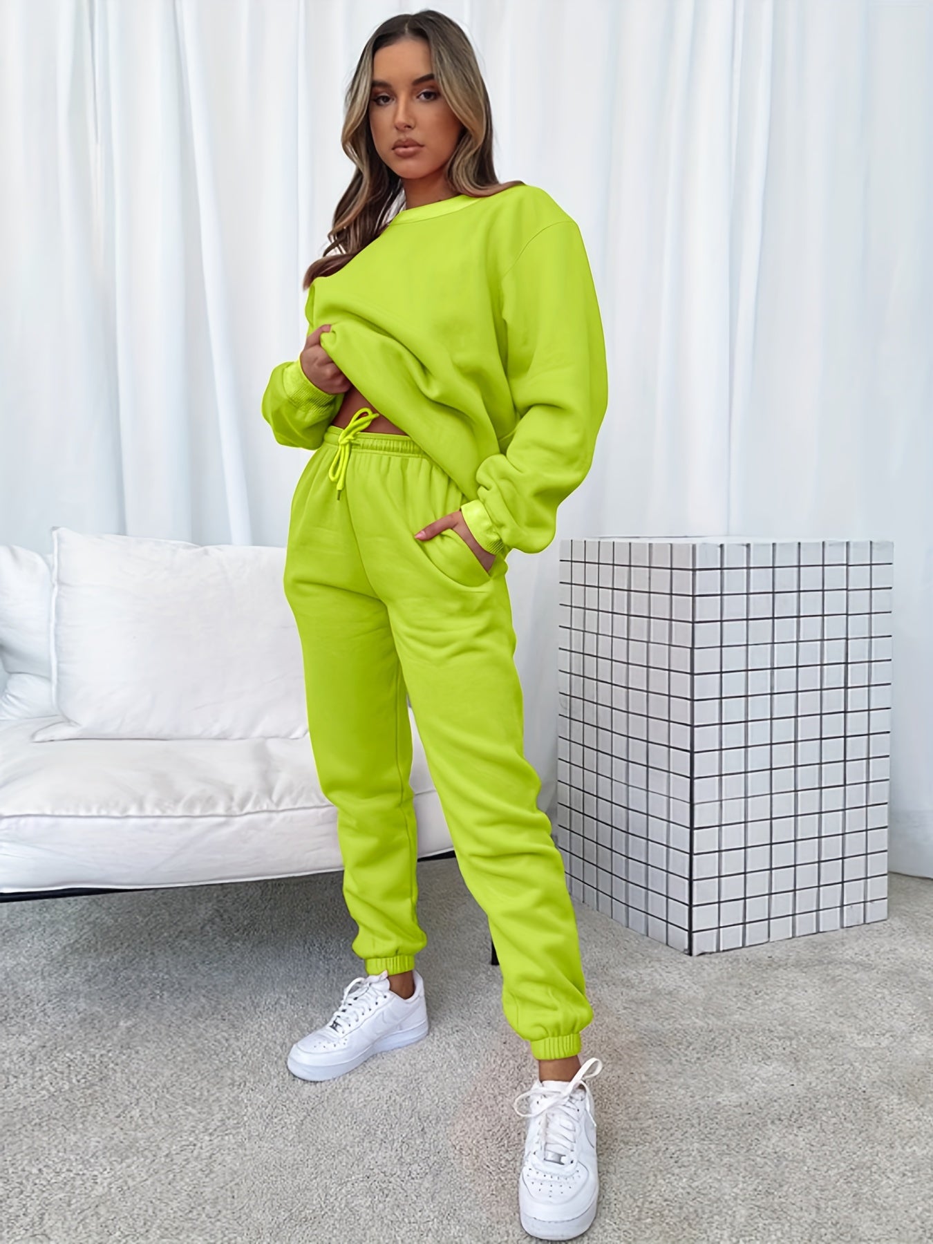 Sixsr Solid Casual Two-piece Set, Long Sleeve Crew Neck Sweatshirt & Drawstring Waist Jogger Pants Outfits, Women's Clothing