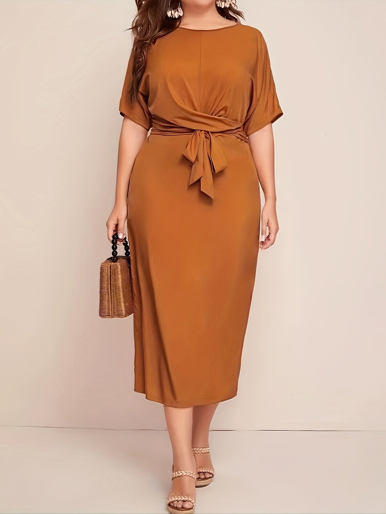 Sixsr Solid Tie Waist Elegant Dress, Half Sleeve Slim Dress For Spring & Fall, Women's Clothing