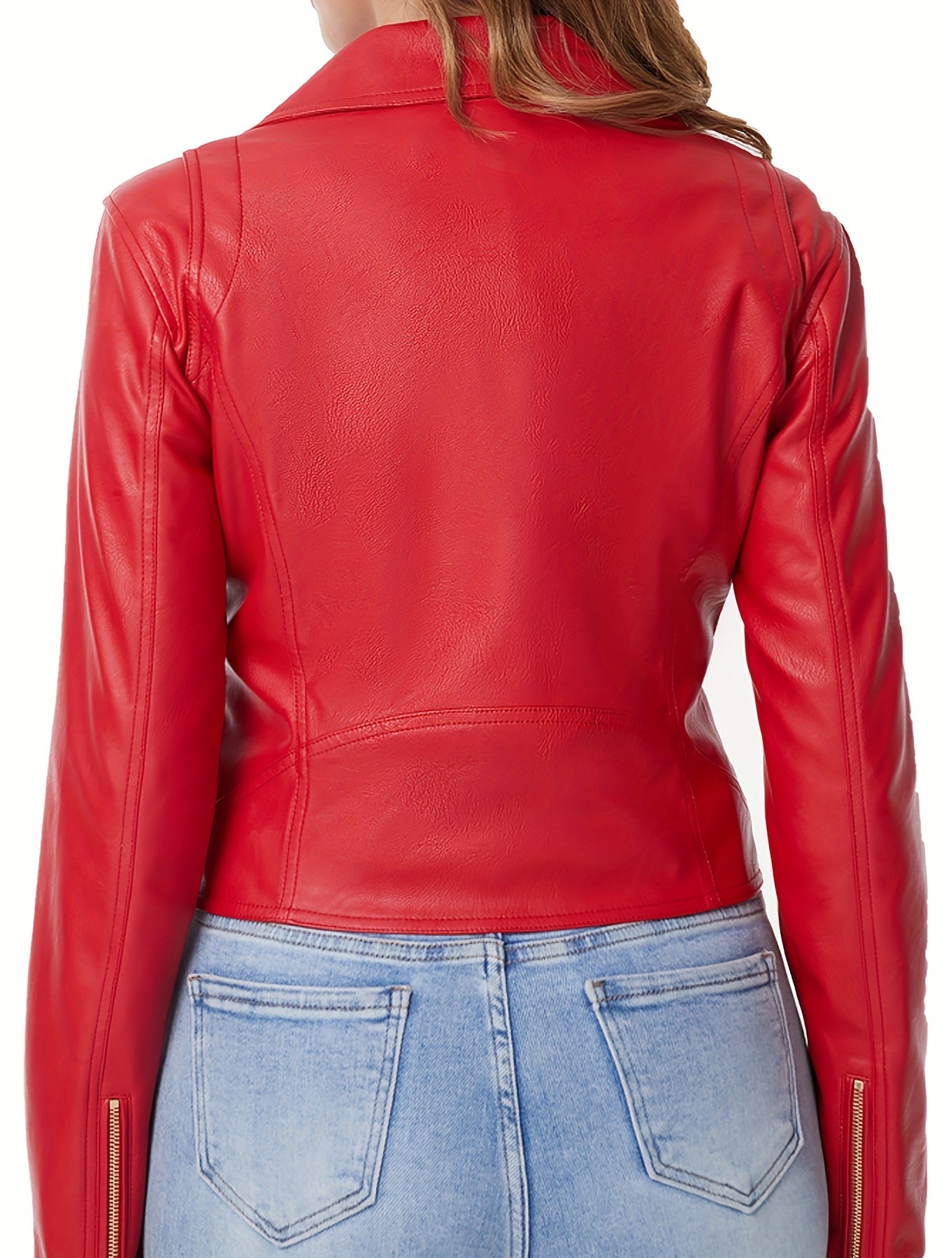 Slant Zipper Lapel Crop Biker Jacket, Vintage Solid Faux Leather Jacket, Women's Clothing