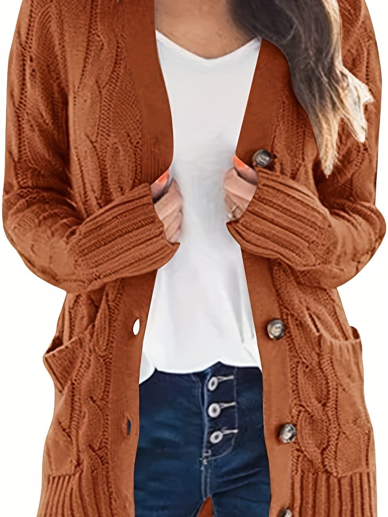 Sixsr Cable Knit Button Front Cardigan, Casual Solid Long Sleeve Cardigan For Fall & Winter, Women's Clothing