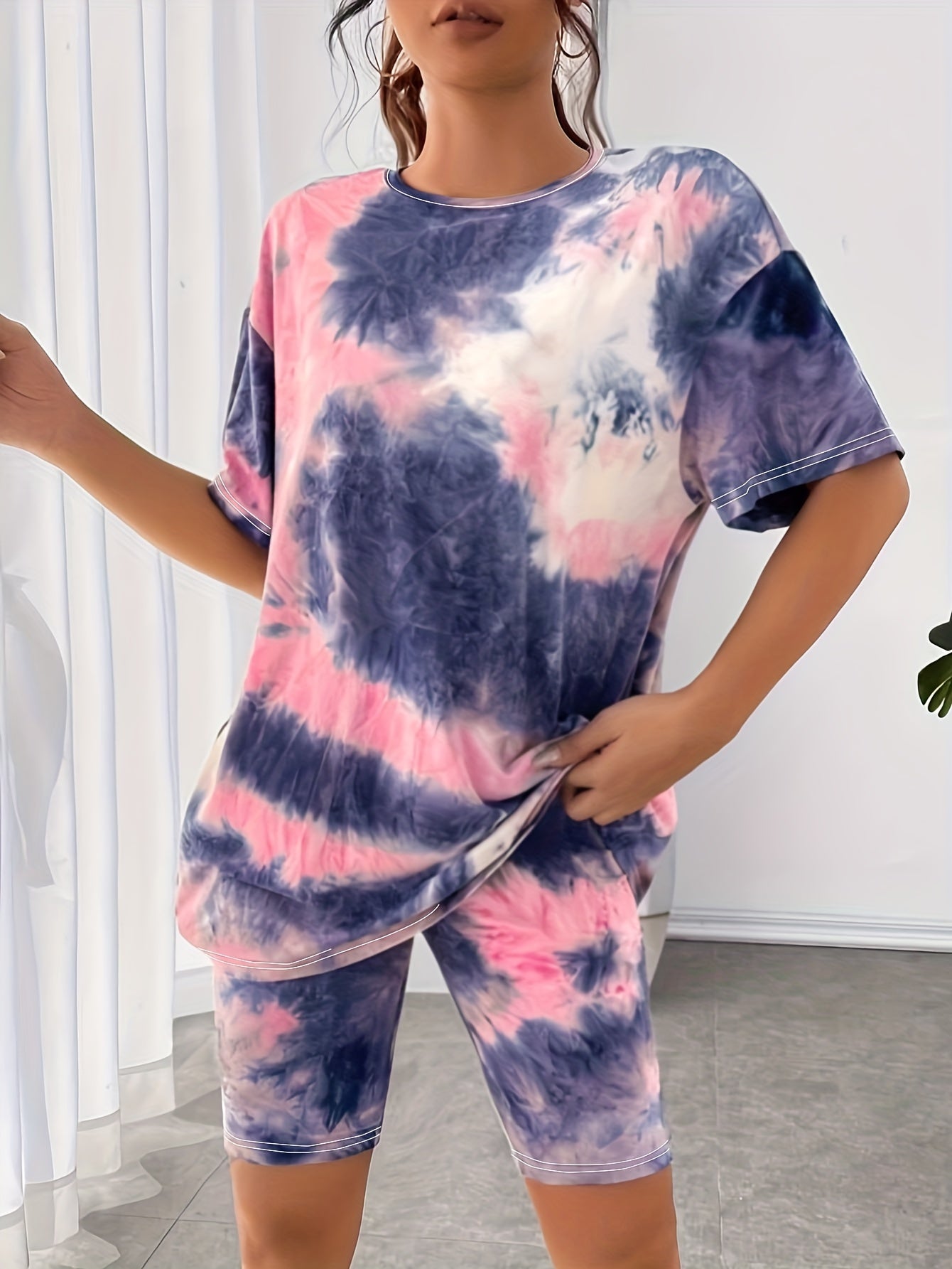 Sixsr Casual Tie Dye Two-piece Set, Drop Shoulder Crew Neck Top & Cropped Leggings Outfits, Women's Clothing