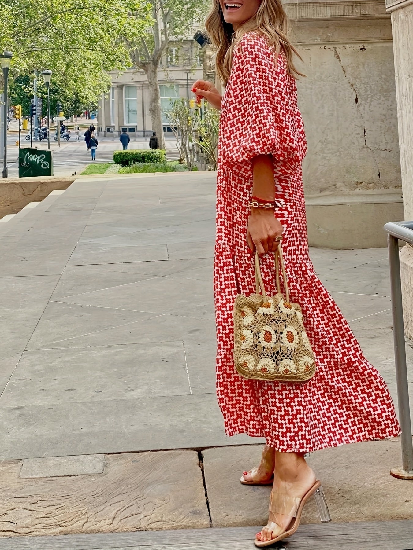 Sixsr Vacation Tiered Maxi Dress, Lace Up Neckline Casual Dress, Women's Clothing